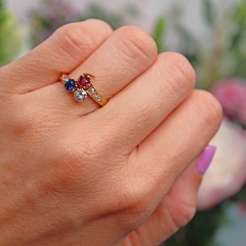 Ellibelle Jewellery Antique Edwardian Ruby, Sapphire & Diamond 18ct Gold Trefoil Ring