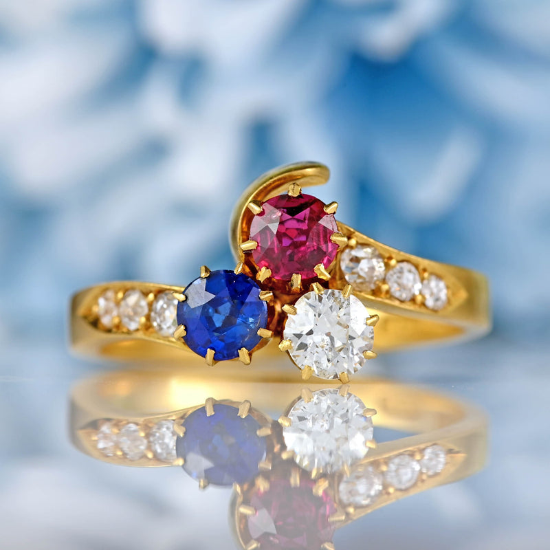 Ellibelle Jewellery Antique Edwardian Ruby, Sapphire & Diamond 18ct Gold Trefoil Ring