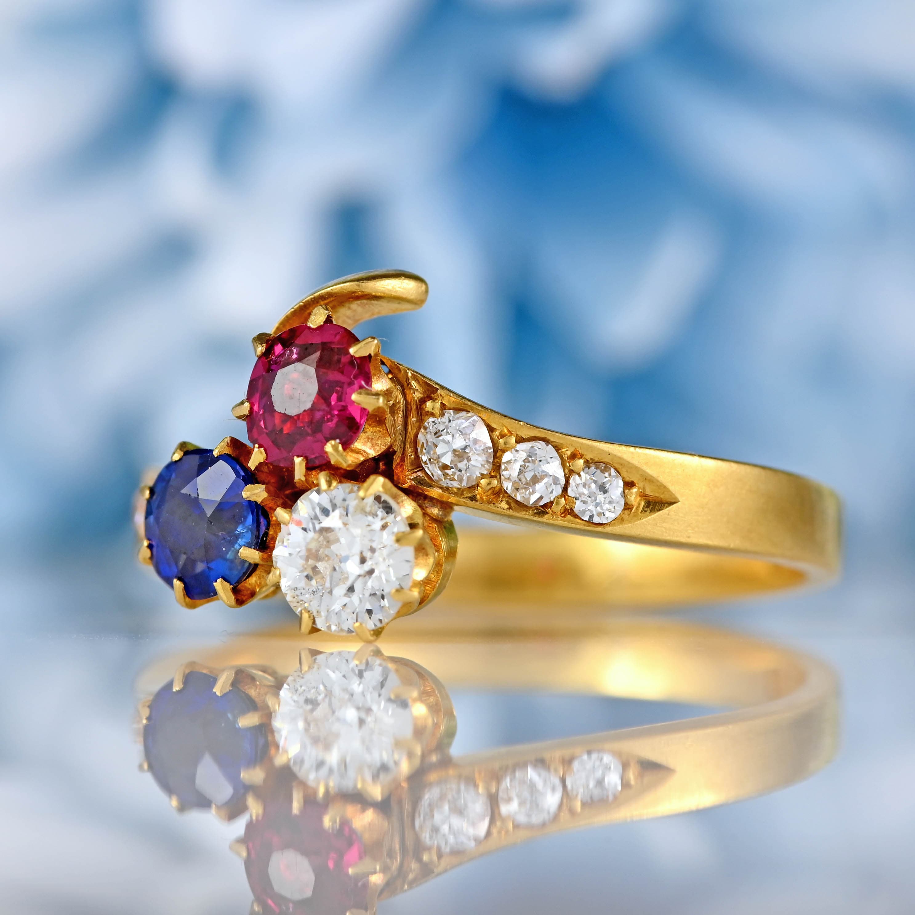 Ellibelle Jewellery Antique Edwardian Ruby, Sapphire & Diamond 18ct Gold Trefoil Ring