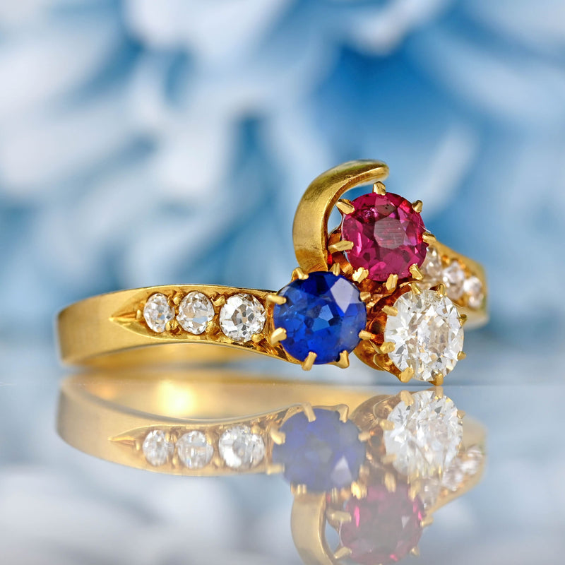 Ellibelle Jewellery Antique Edwardian Ruby, Sapphire & Diamond 18ct Gold Trefoil Ring