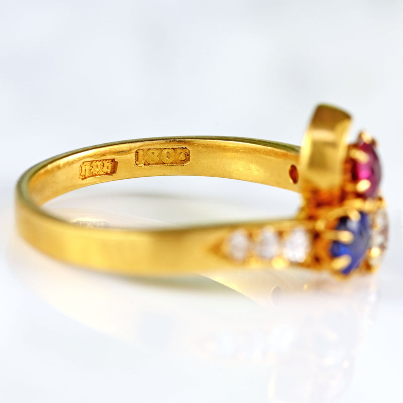 Ellibelle Jewellery Antique Edwardian Ruby, Sapphire & Diamond 18ct Gold Trefoil Ring