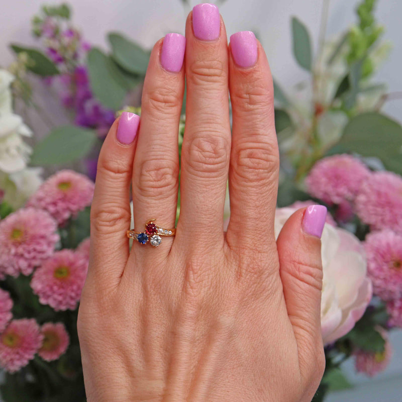 Ellibelle Jewellery Antique Edwardian Ruby, Sapphire & Diamond 18ct Gold Trefoil Ring