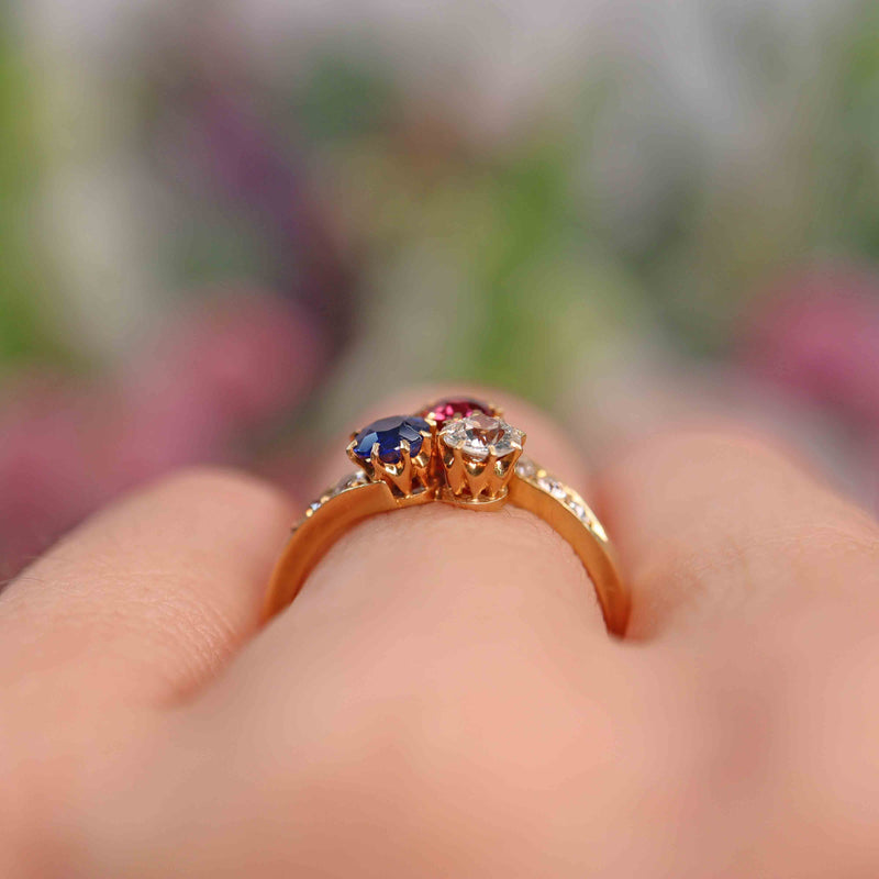 Ellibelle Jewellery Antique Edwardian Ruby, Sapphire & Diamond 18ct Gold Trefoil Ring