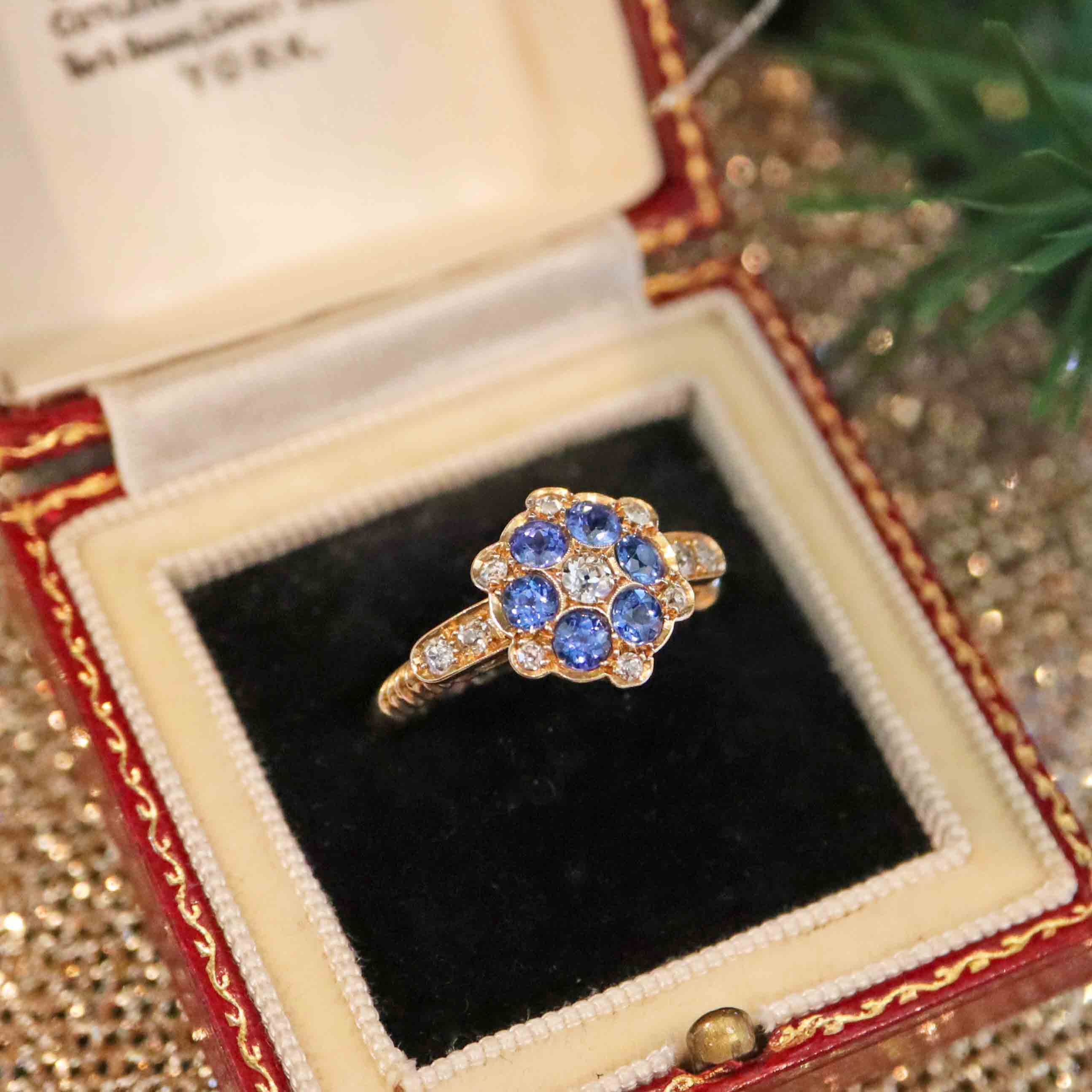 Ellibelle Jewellery Antique Edwardian Sapphire & Diamond 18ct Gold Cluster Ring