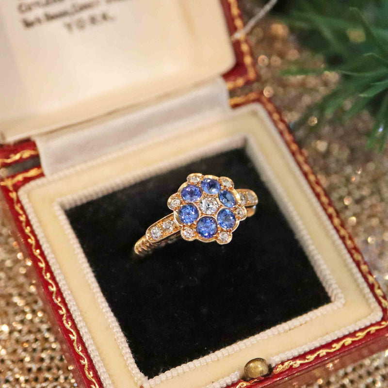 Ellibelle Jewellery Antique Edwardian Sapphire & Diamond 18ct Gold Cluster Ring