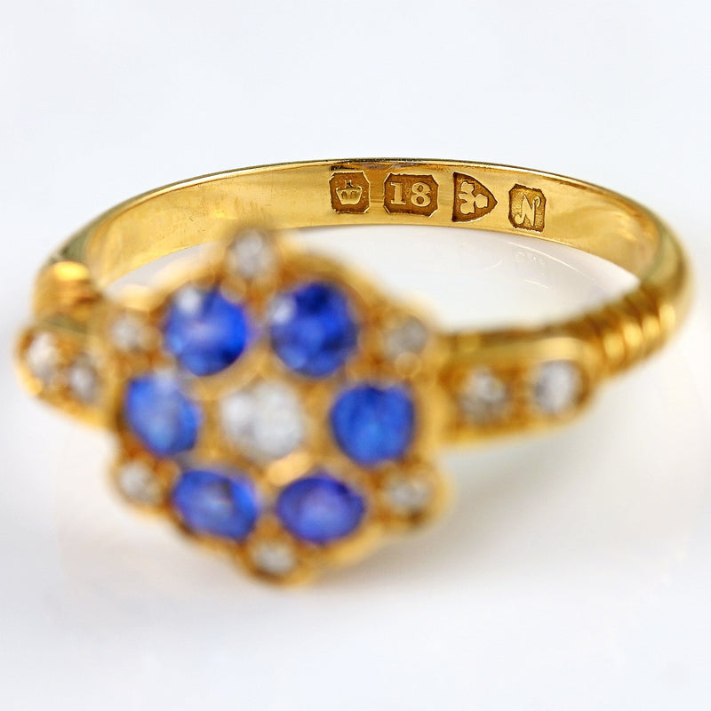 Ellibelle Jewellery Antique Edwardian Sapphire & Diamond 18ct Gold Cluster Ring