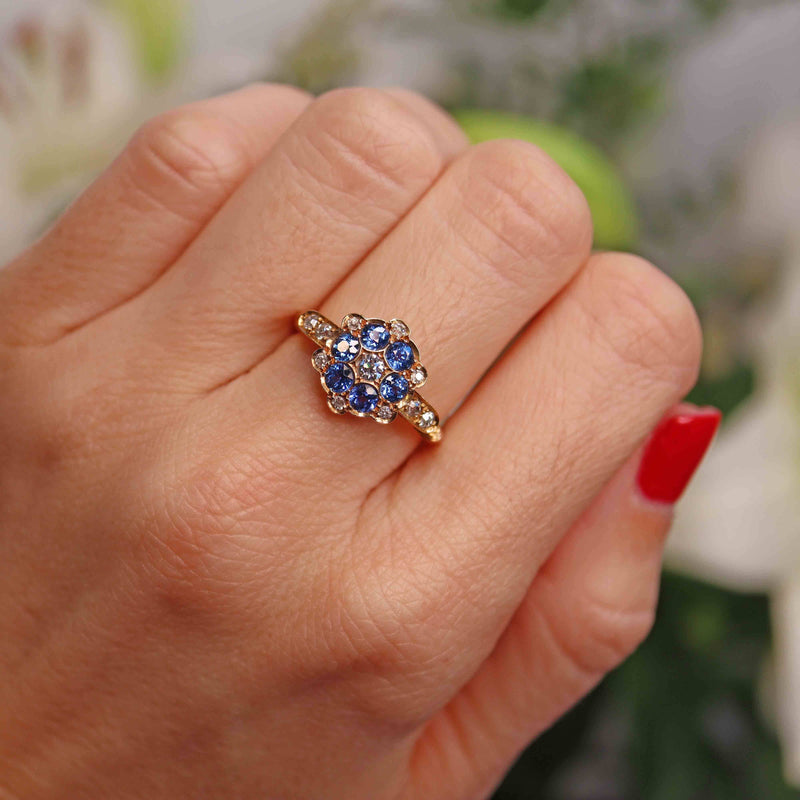 Ellibelle Jewellery Antique Edwardian Sapphire & Diamond 18ct Gold Cluster Ring