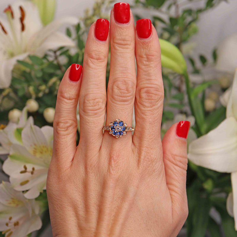 Ellibelle Jewellery Antique Edwardian Sapphire & Diamond 18ct Gold Cluster Ring
