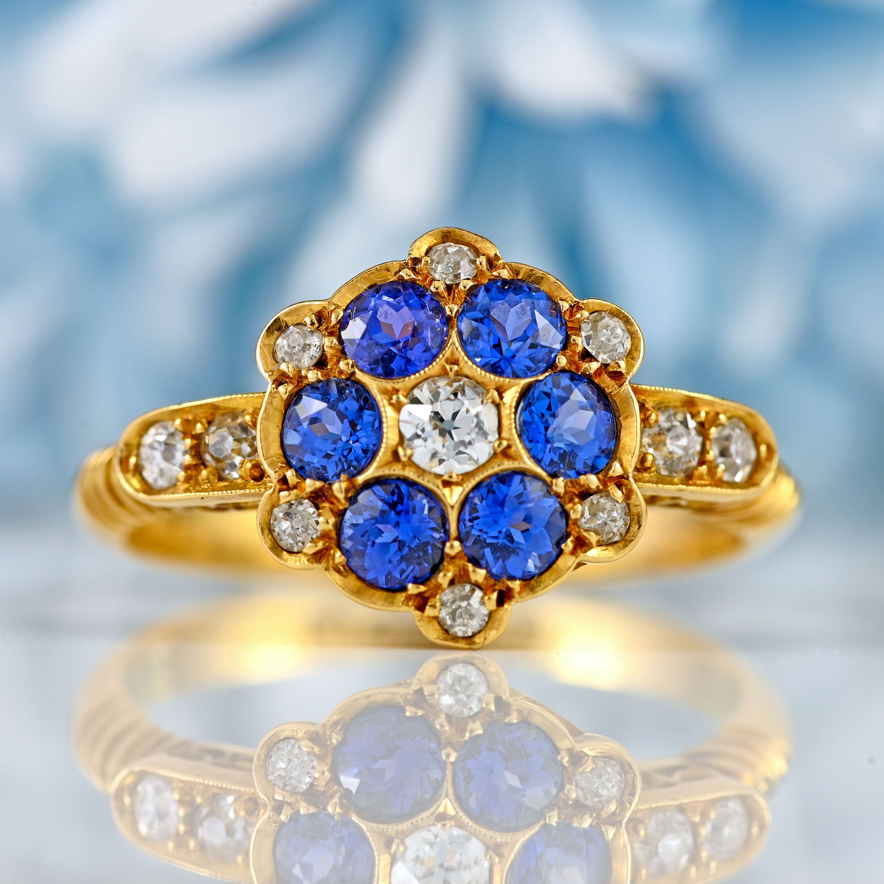 Ellibelle Jewellery Antique Edwardian Sapphire & Diamond 18ct Gold Cluster Ring