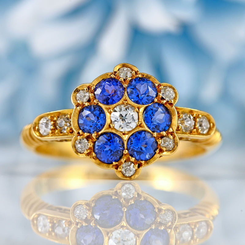 Ellibelle Jewellery Antique Edwardian Sapphire & Diamond 18ct Gold Cluster Ring
