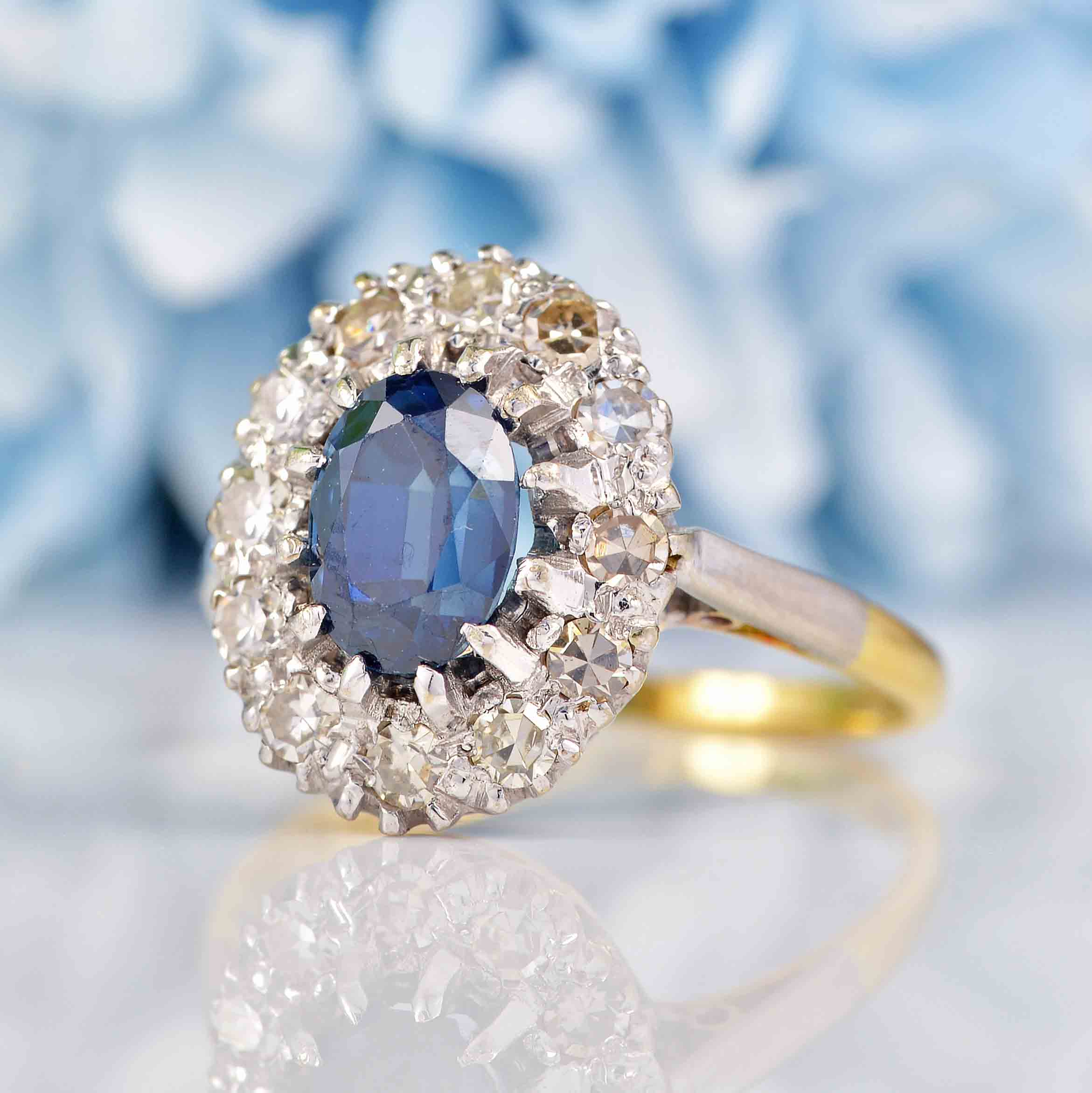 Ellibelle Jewellery Antique Edwardian Sapphire & Diamond 18ct Gold Cluster Ring