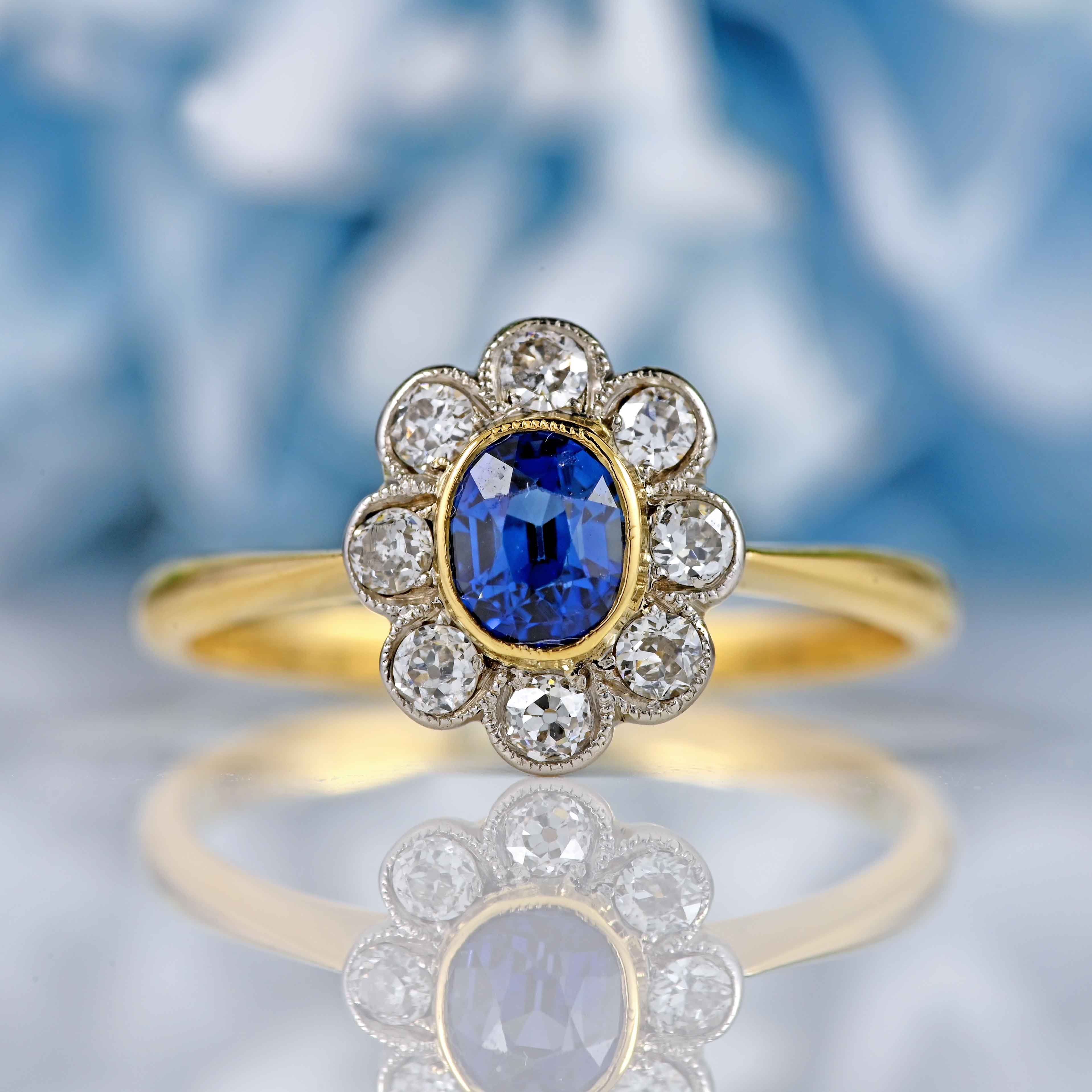 Ellibelle Jewellery Antique Edwardian Sapphire & Diamond 18ct Gold Cluster Ring