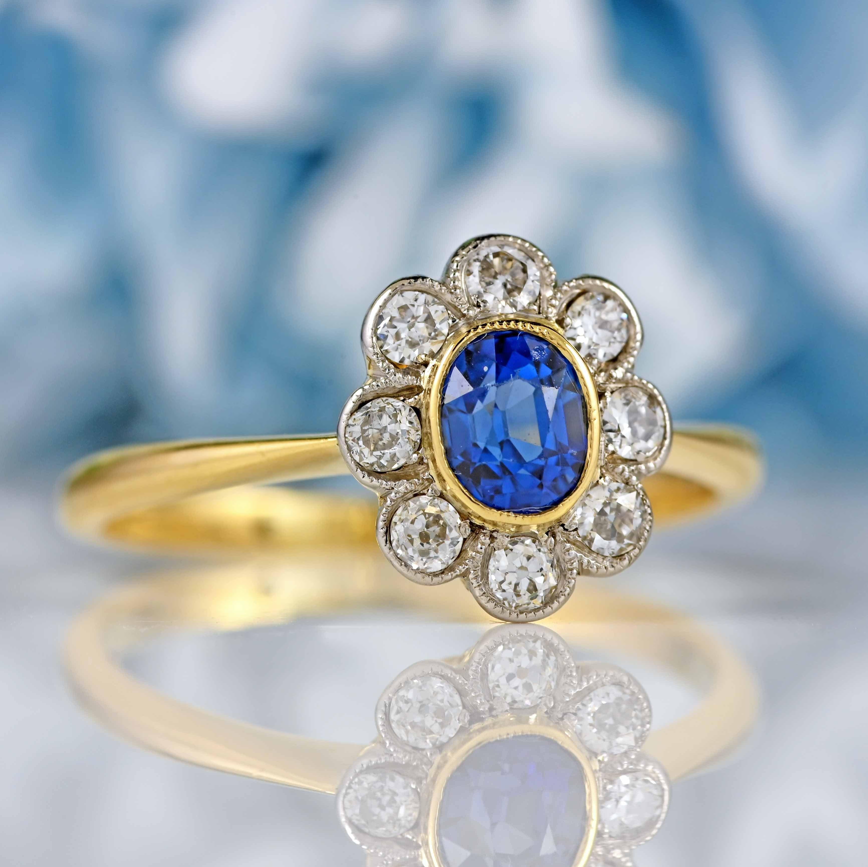 Ellibelle Jewellery Antique Edwardian Sapphire & Diamond 18ct Gold Cluster Ring