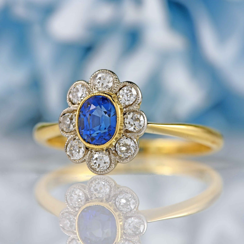 Ellibelle Jewellery Antique Edwardian Sapphire & Diamond 18ct Gold Cluster Ring