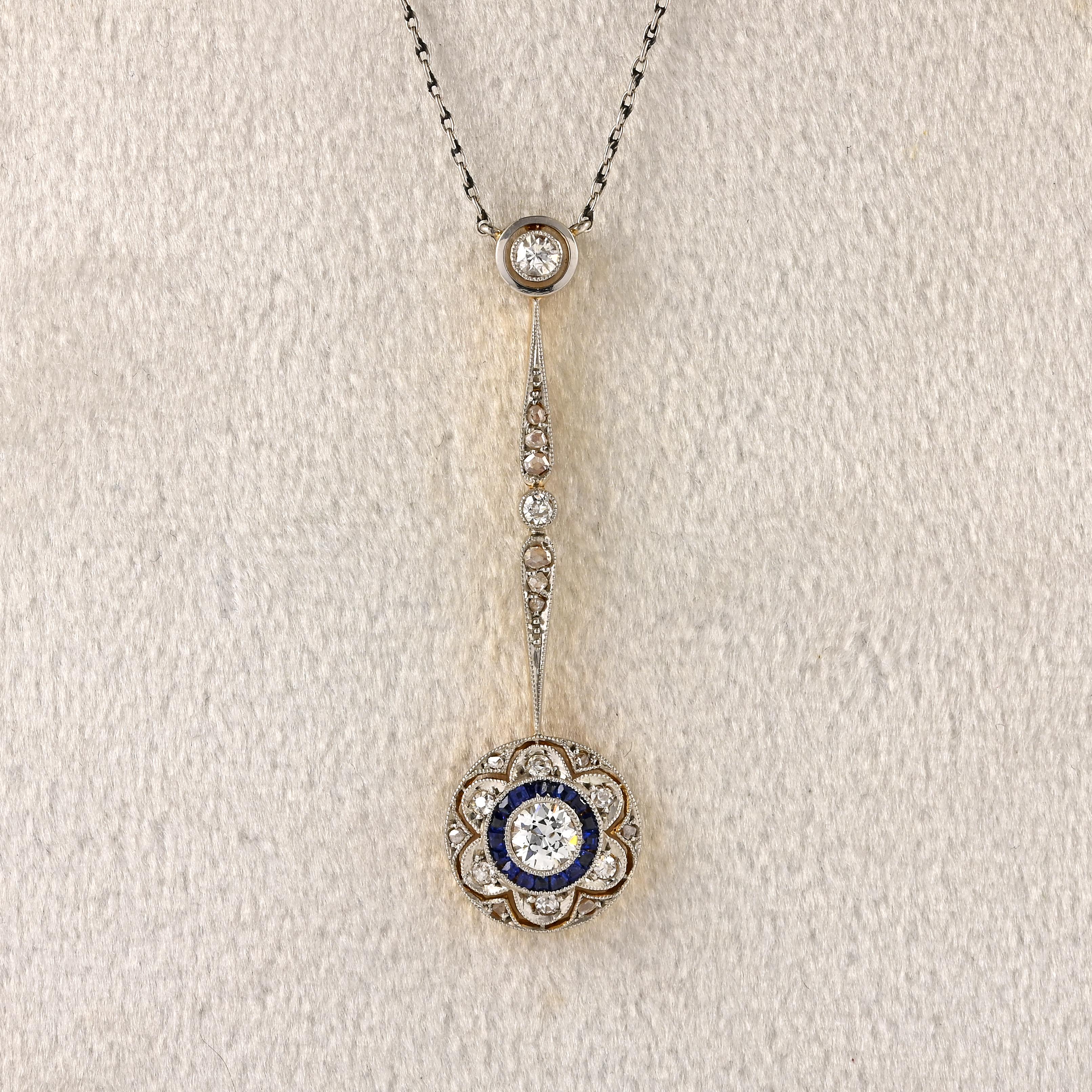 Ellibelle Jewellery Antique Edwardian Sapphire & Diamond 18ct Gold Pendant Necklace