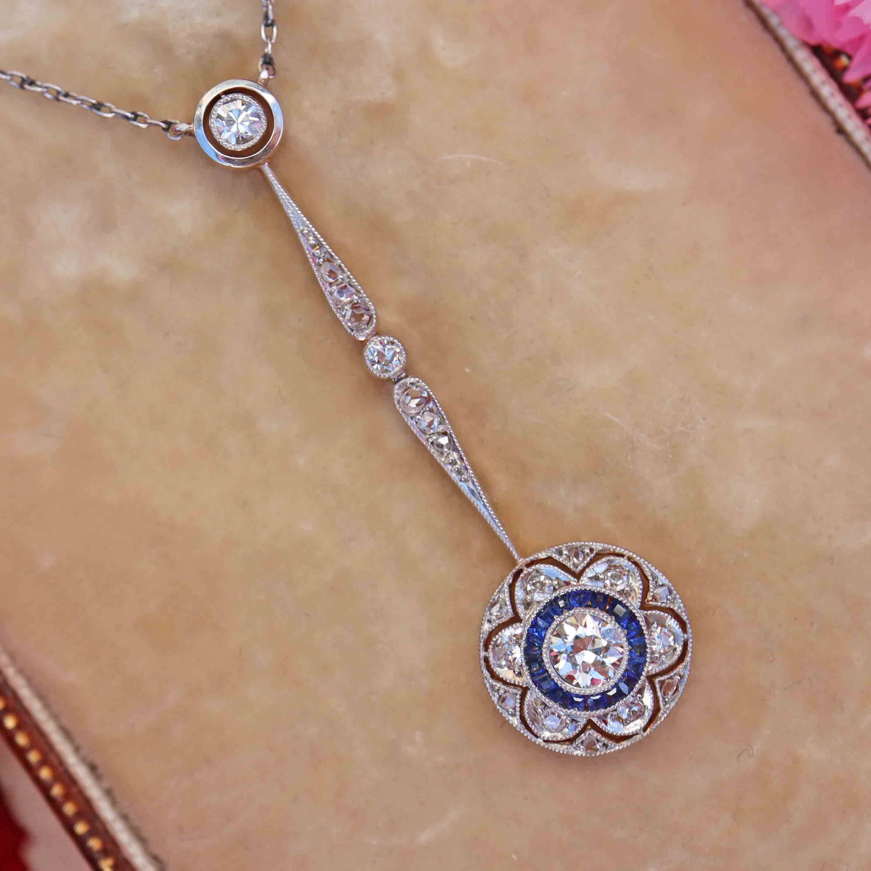 Ellibelle Jewellery Antique Edwardian Sapphire & Diamond 18ct Gold Pendant Necklace