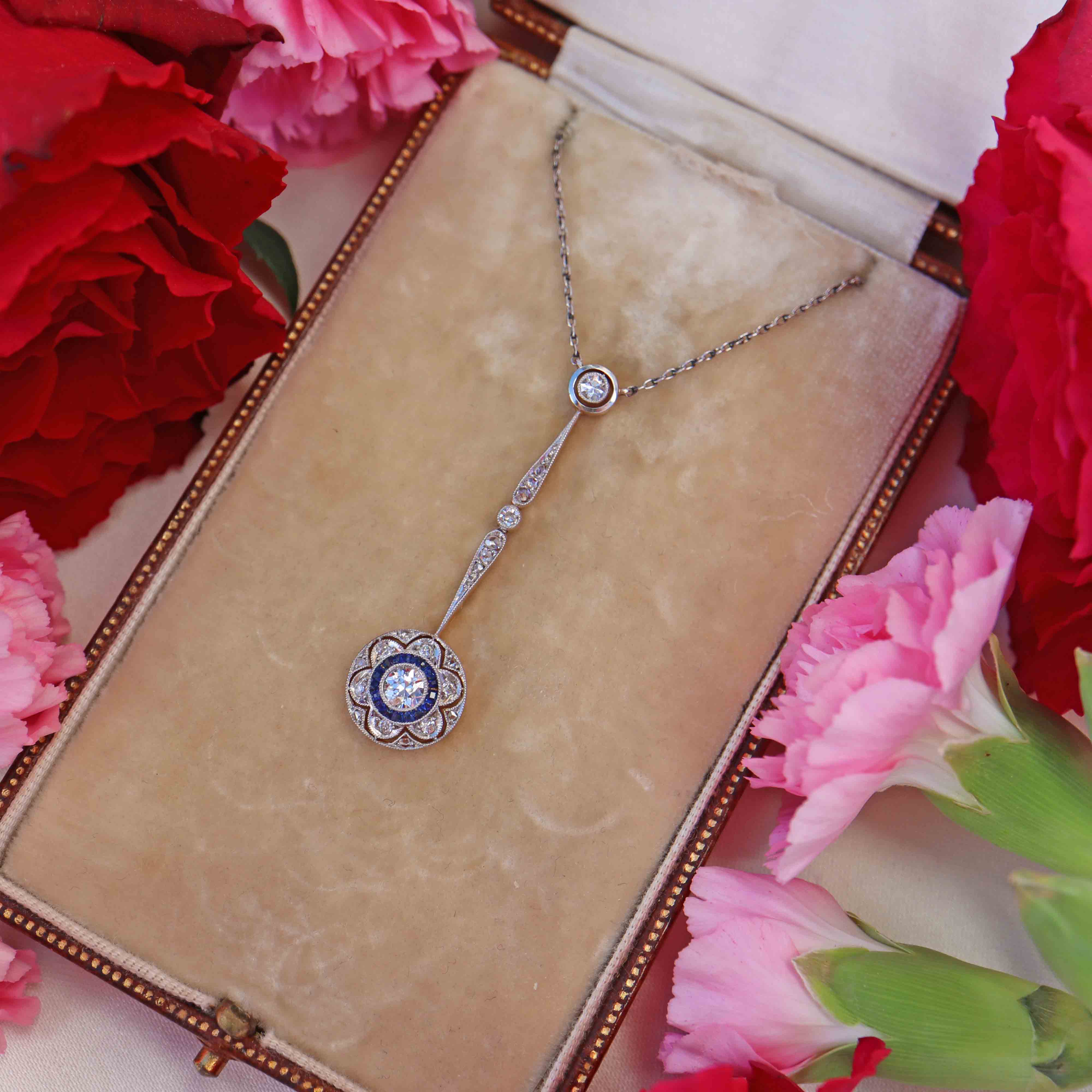 Ellibelle Jewellery Antique Edwardian Sapphire & Diamond 18ct Gold Pendant Necklace