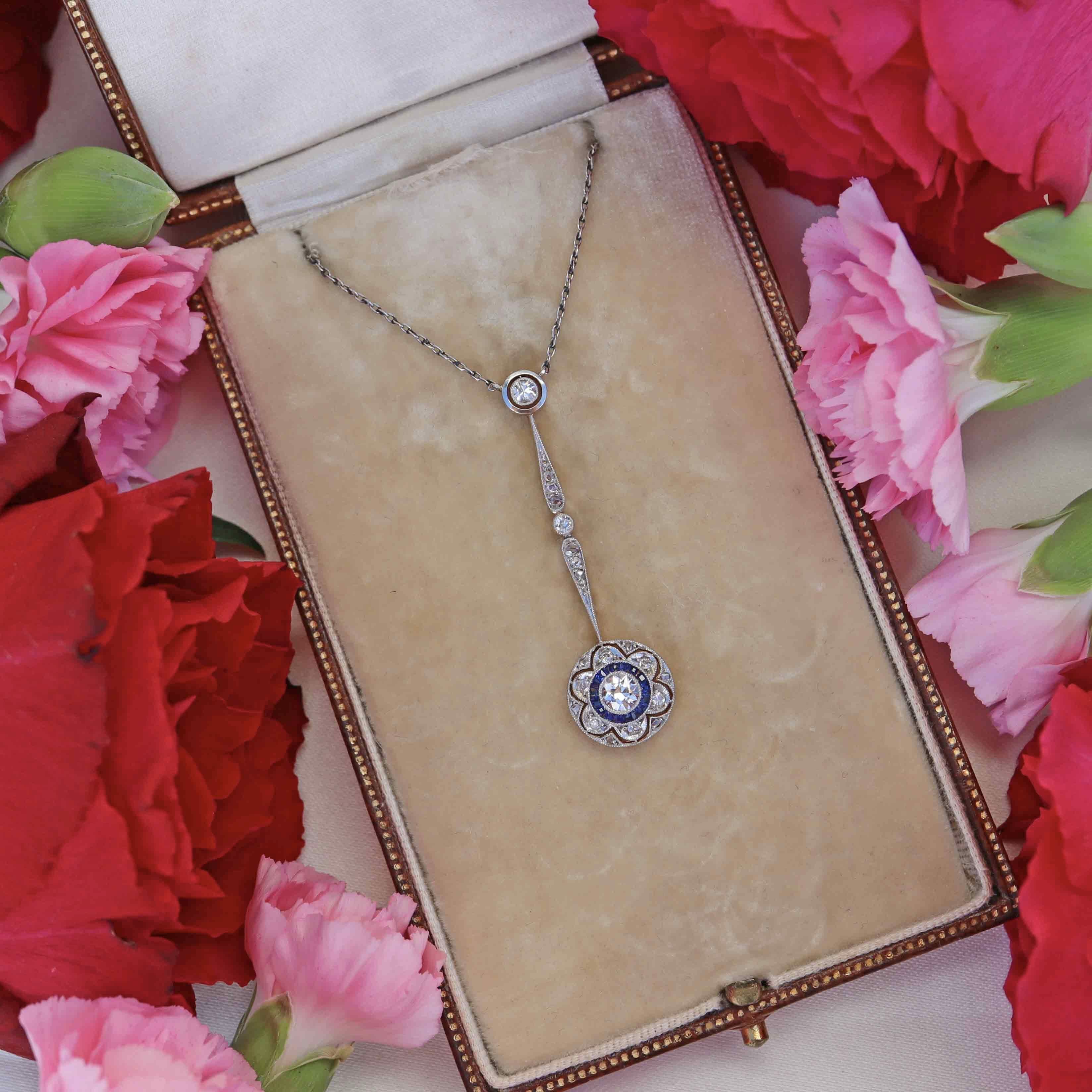 Ellibelle Jewellery Antique Edwardian Sapphire & Diamond 18ct Gold Pendant Necklace