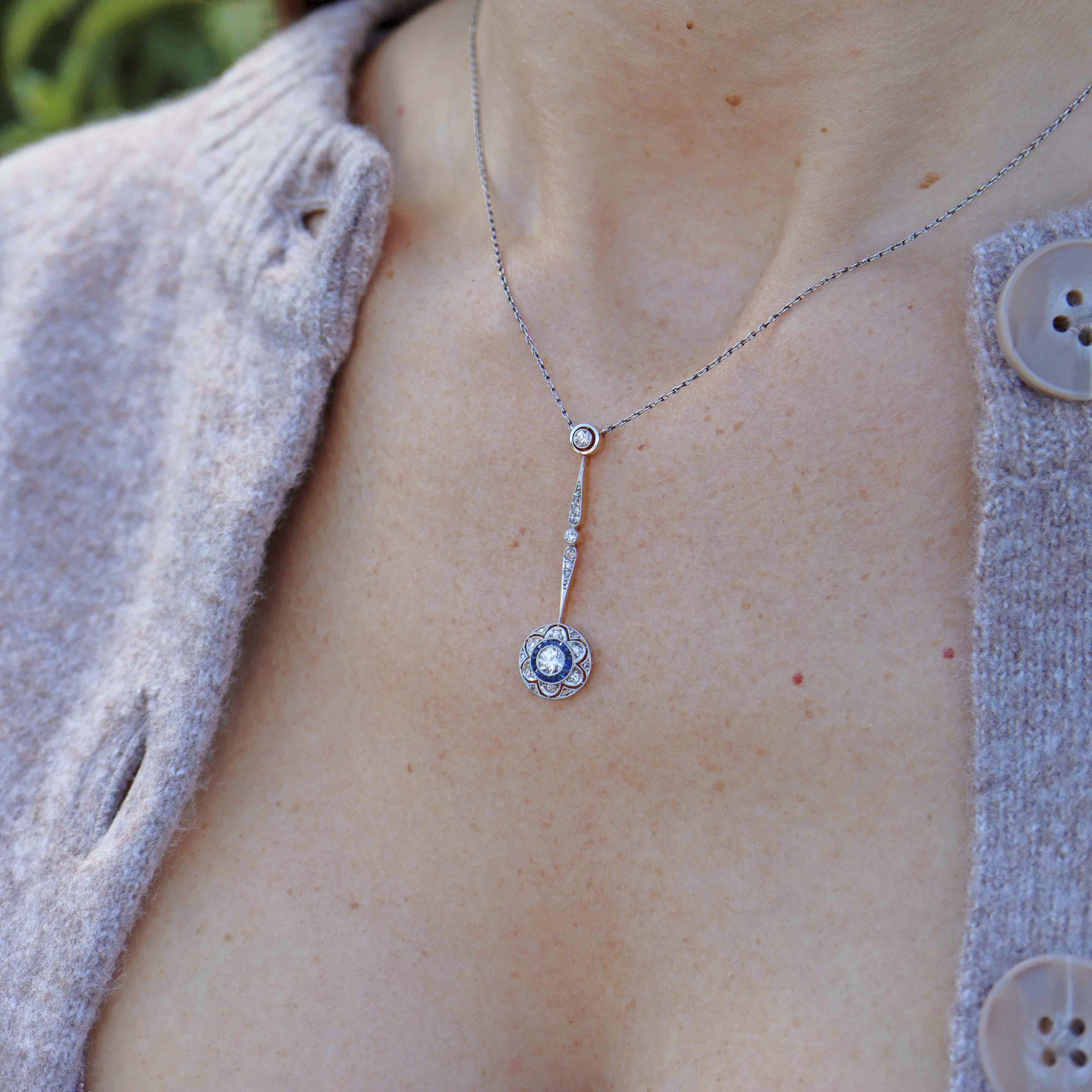 Ellibelle Jewellery Antique Edwardian Sapphire & Diamond 18ct Gold Pendant Necklace