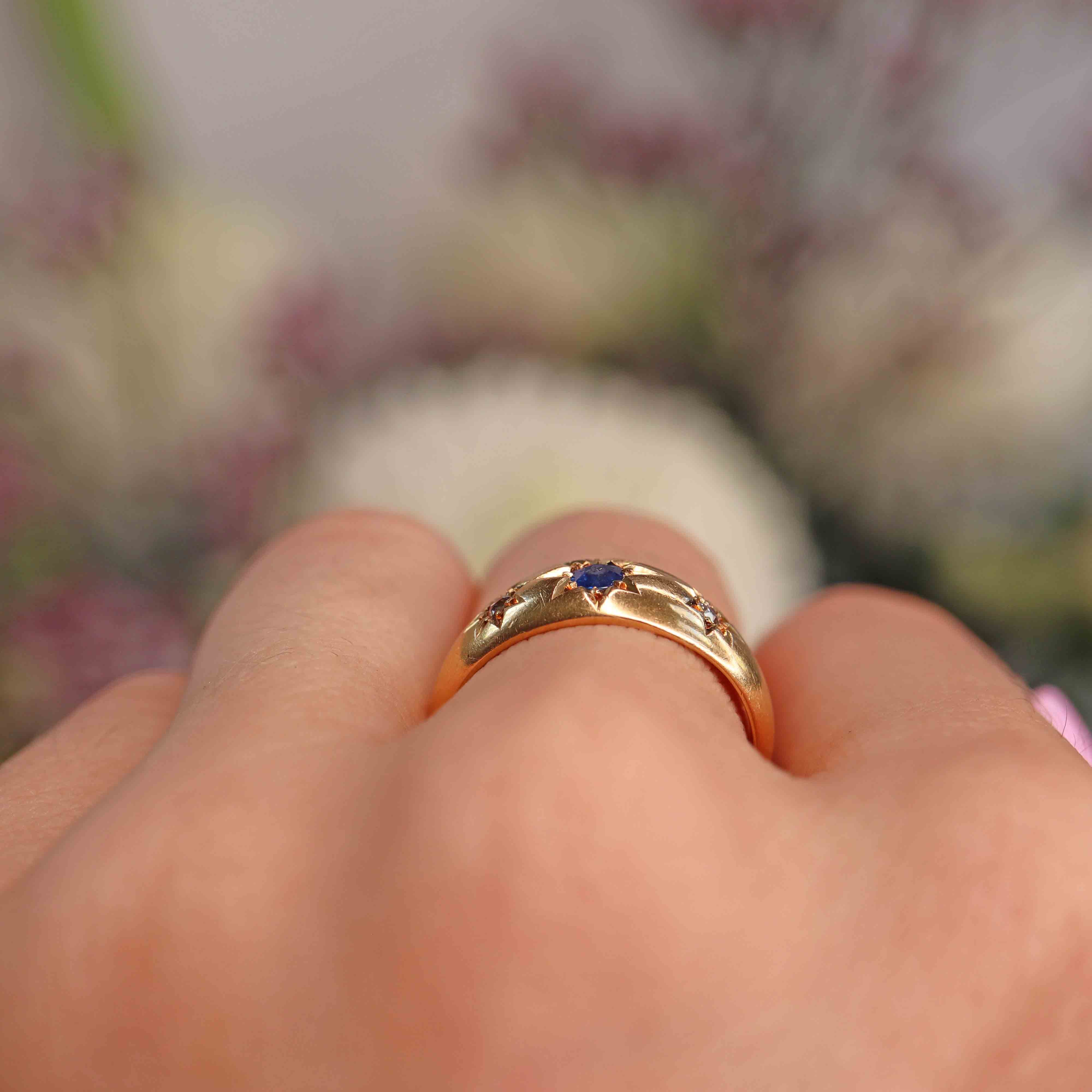 Ellibelle Jewellery Antique Edwardian Sapphire & Diamond 18ct Gold Starburst Gypsy Ring