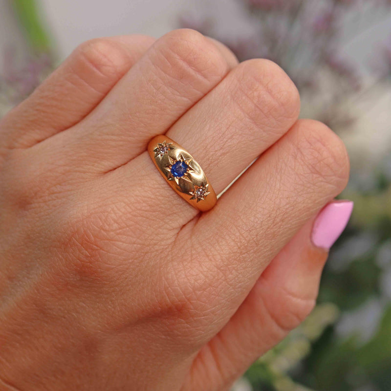 Ellibelle Jewellery Antique Edwardian Sapphire & Diamond 18ct Gold Starburst Gypsy Ring