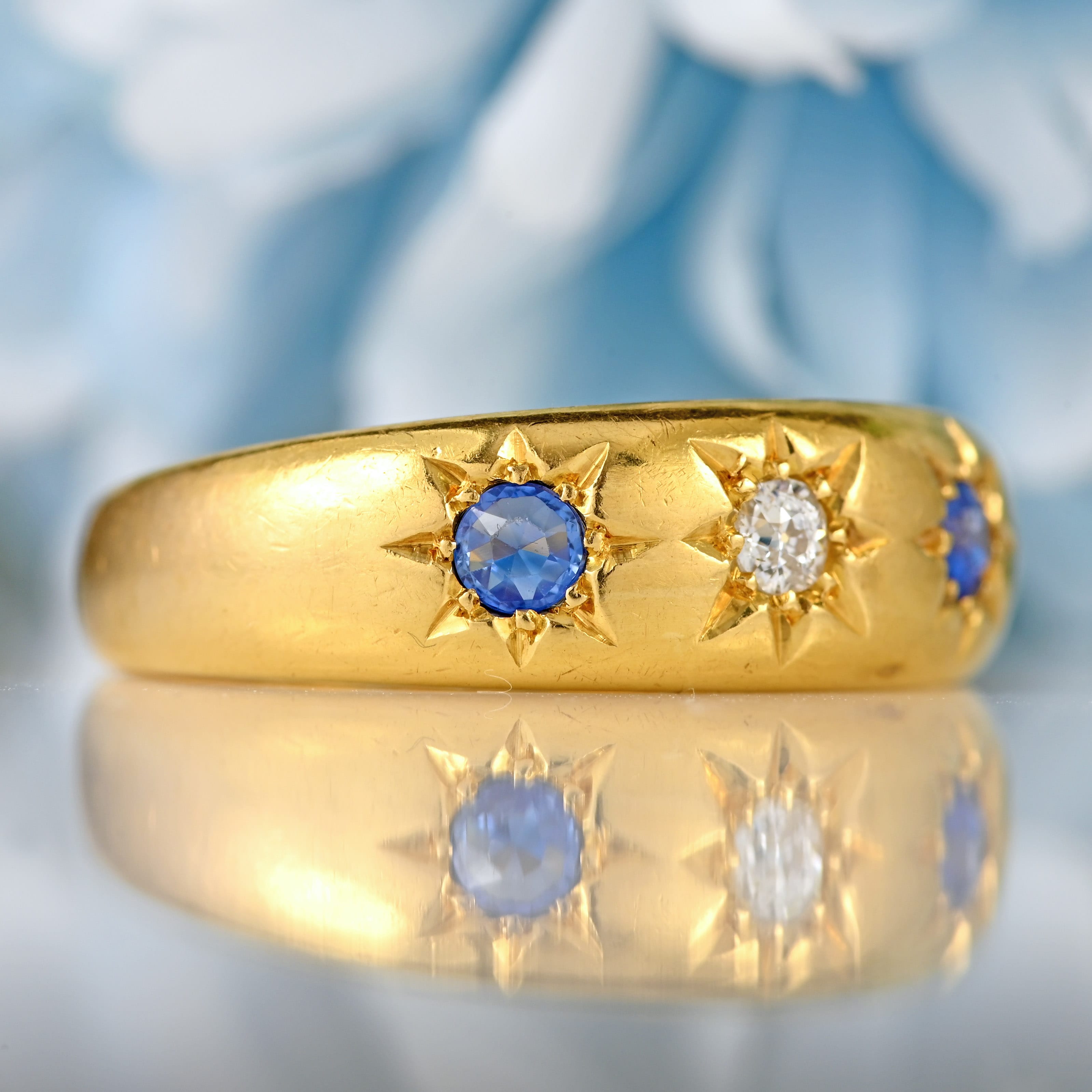 Ellibelle Jewellery Antique Edwardian Sapphire & Diamond 18ct Gold Three-Stone Starburst Gypsy Ring