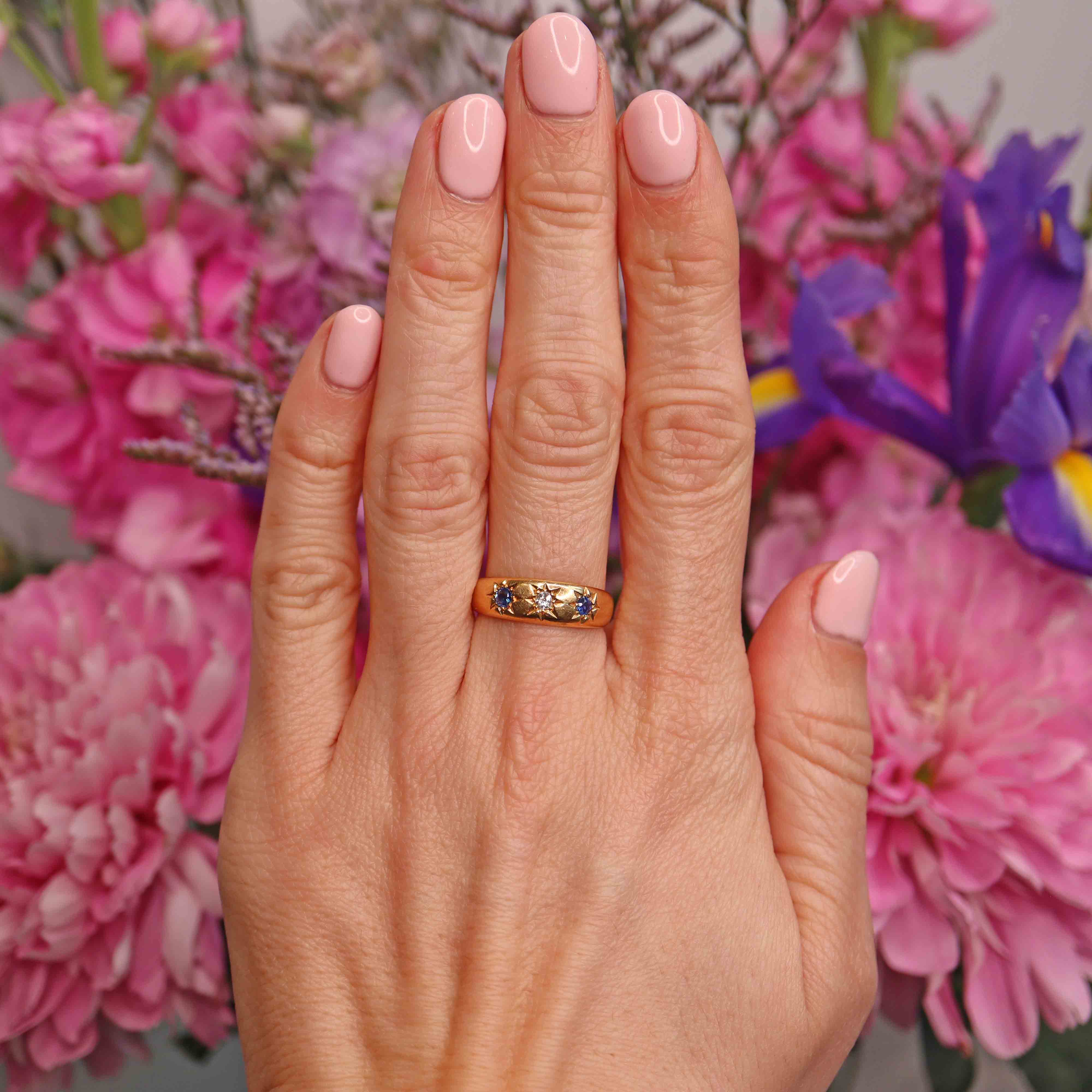 Ellibelle Jewellery Antique Edwardian Sapphire & Diamond 18ct Gold Three-Stone Starburst Gypsy Ring