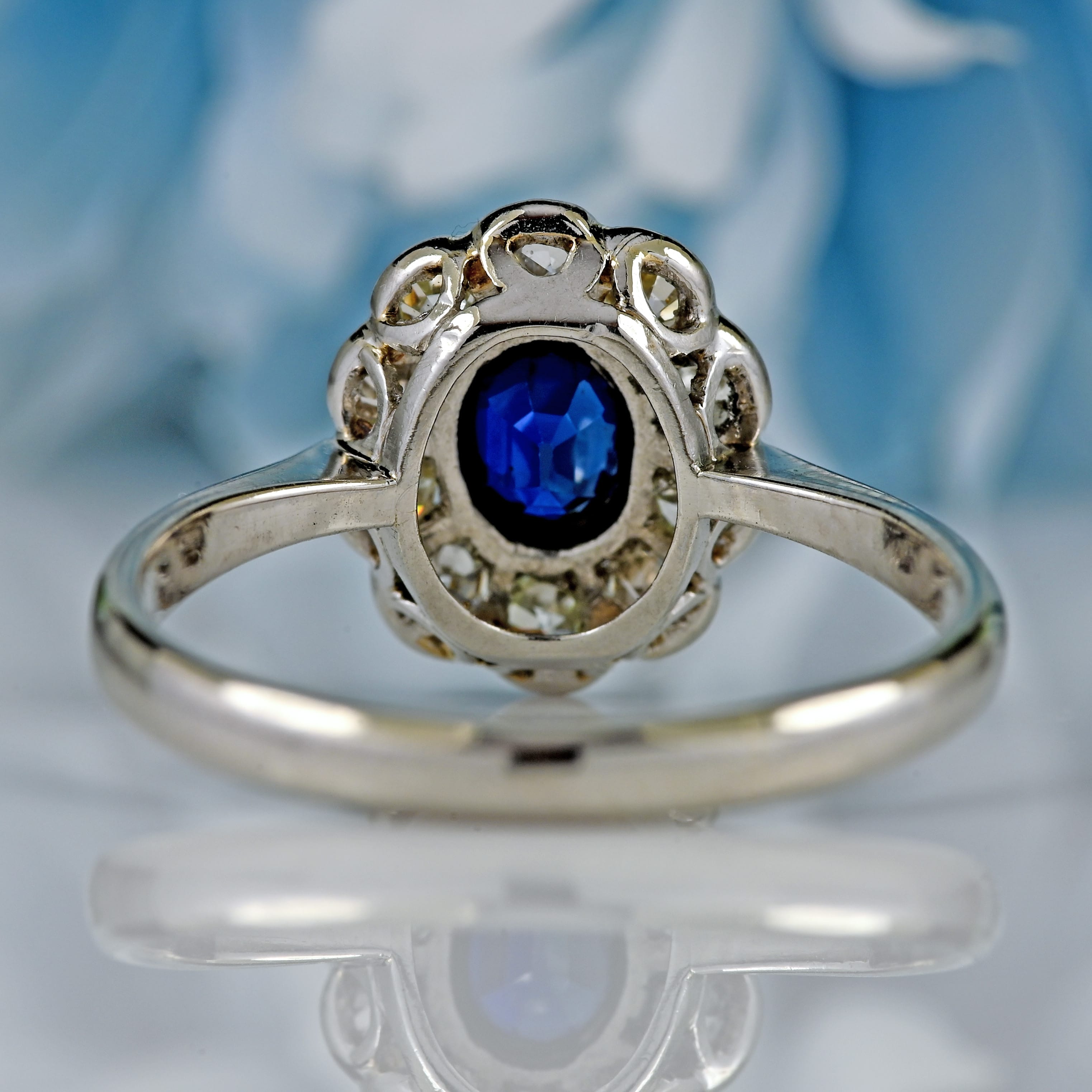 Ellibelle Jewellery Antique Edwardian Sapphire & Diamond Platinum Cluster Engagement Ring