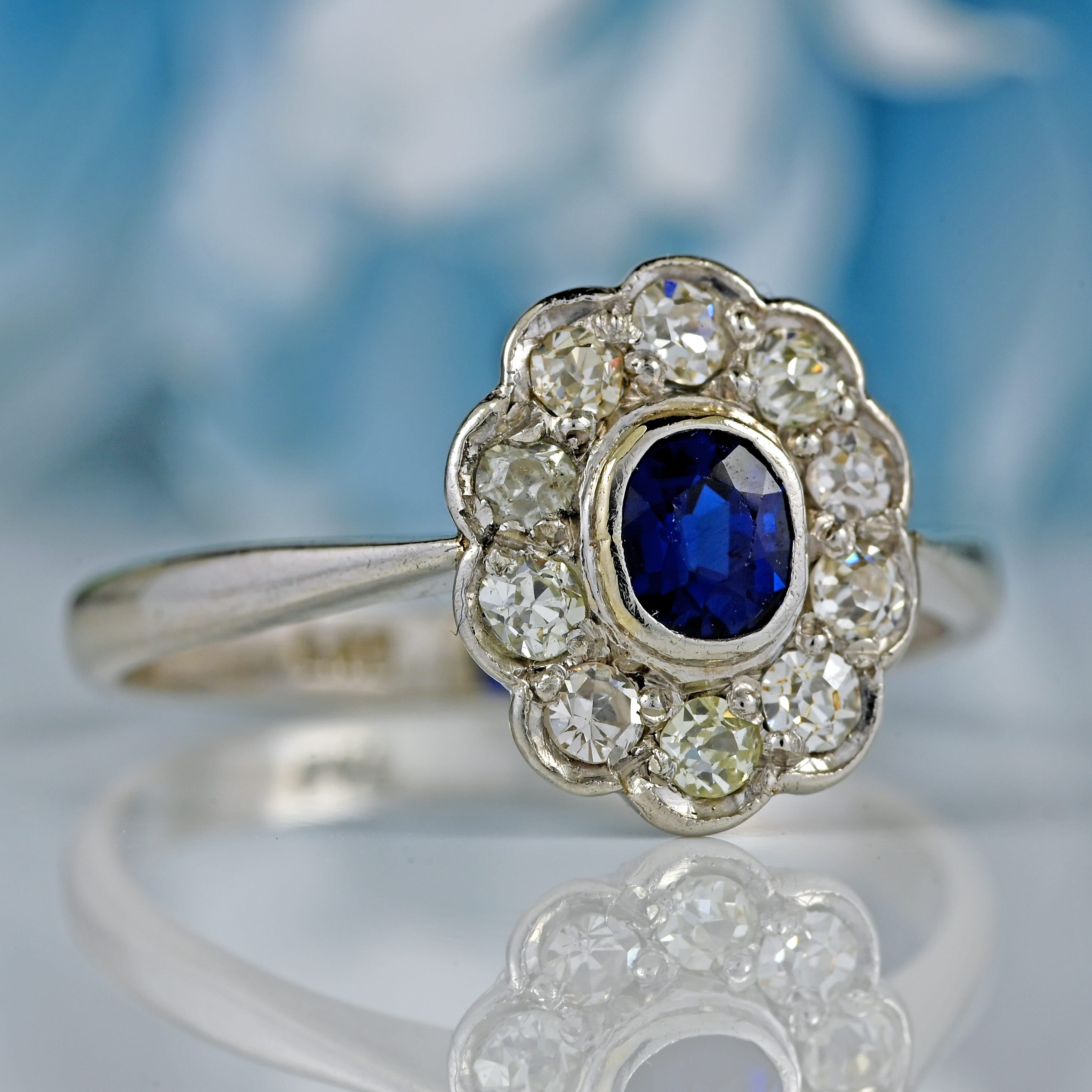 Ellibelle Jewellery Antique Edwardian Sapphire & Diamond Platinum Cluster Engagement Ring