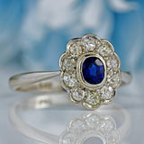 Ellibelle Jewellery Antique Edwardian Sapphire & Diamond Platinum Cluster Engagement Ring