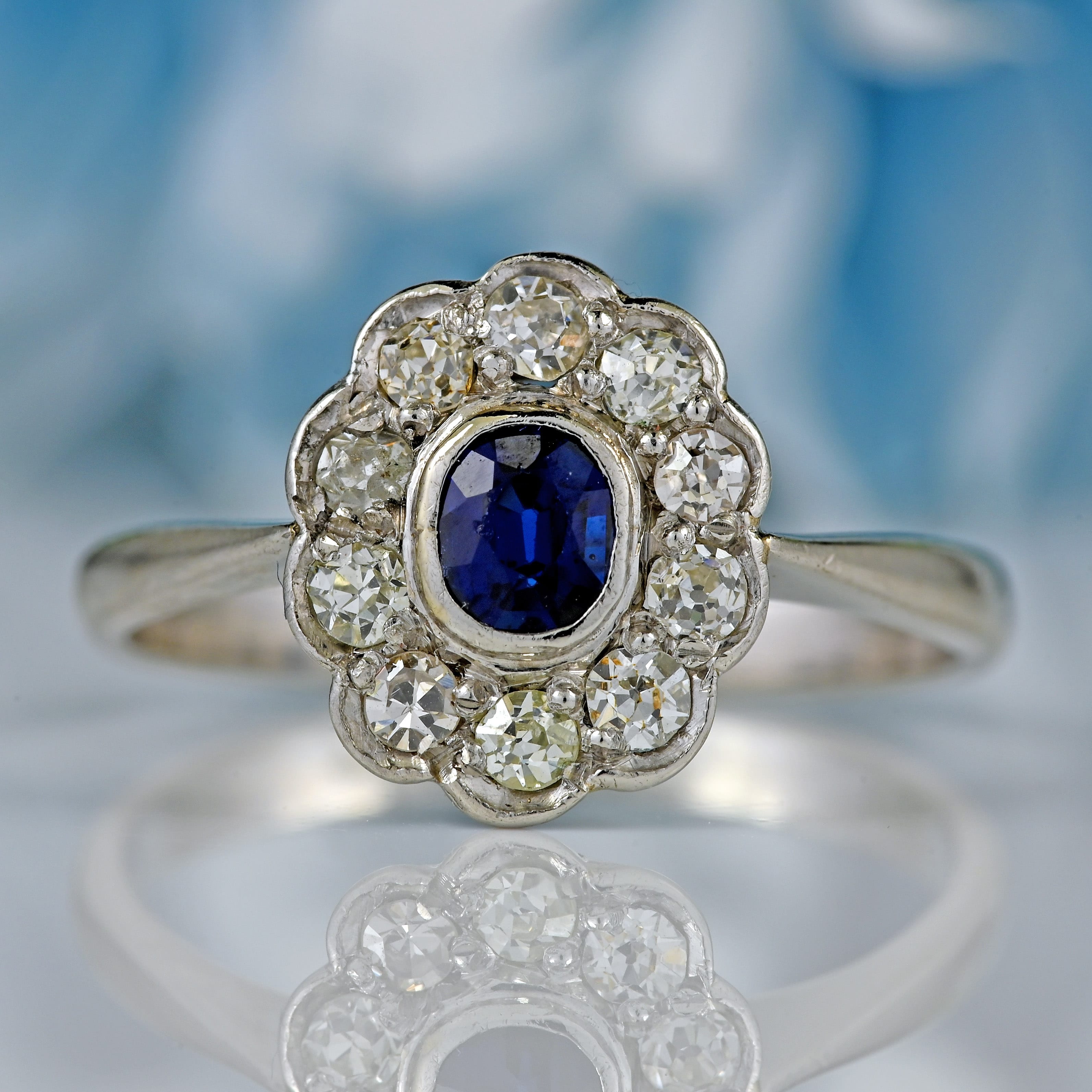Ellibelle Jewellery Antique Edwardian Sapphire & Diamond Platinum Cluster Engagement Ring