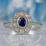 Ellibelle Jewellery Antique Edwardian Sapphire & Diamond Platinum Cluster Engagement Ring