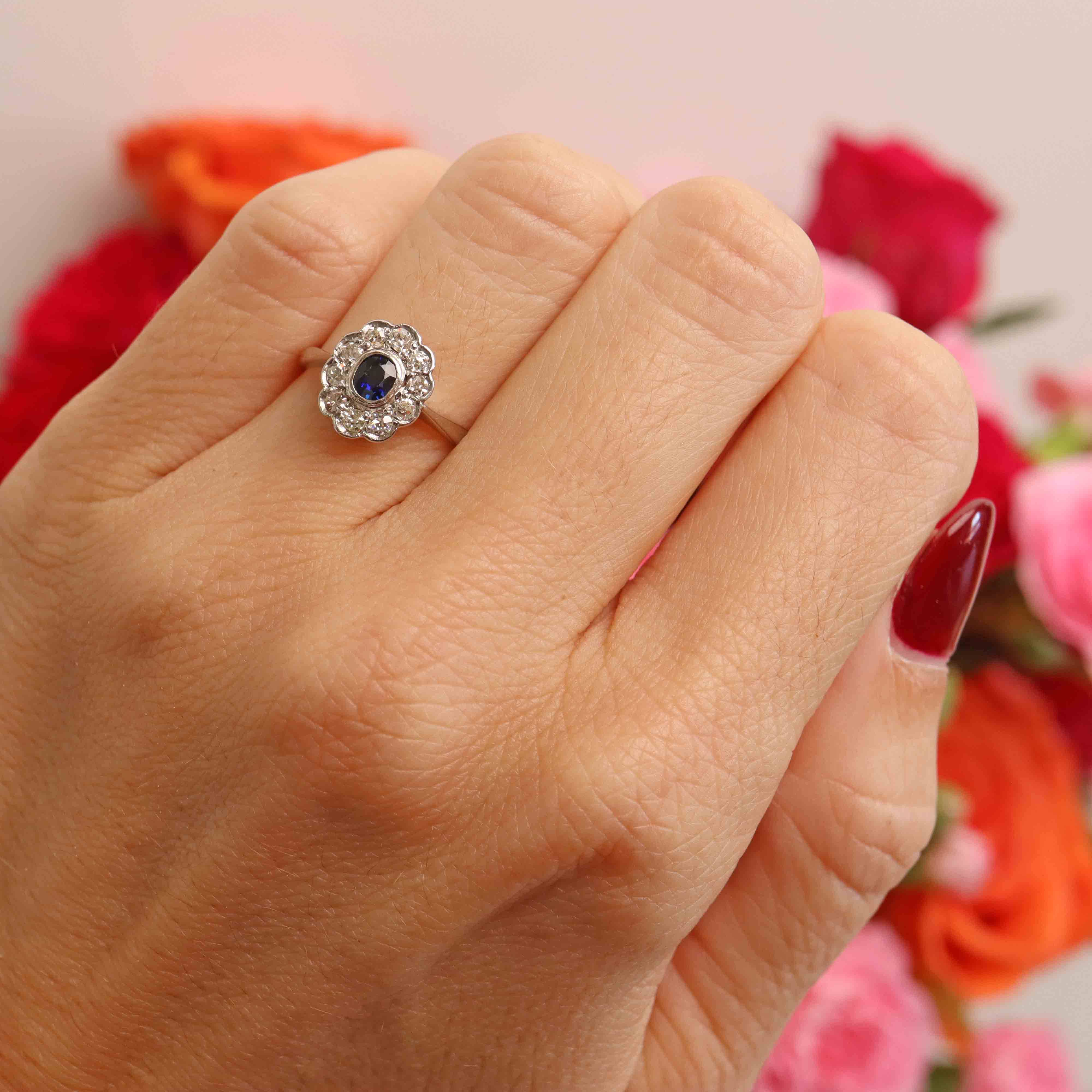 Ellibelle Jewellery Antique Edwardian Sapphire & Diamond Platinum Cluster Engagement Ring