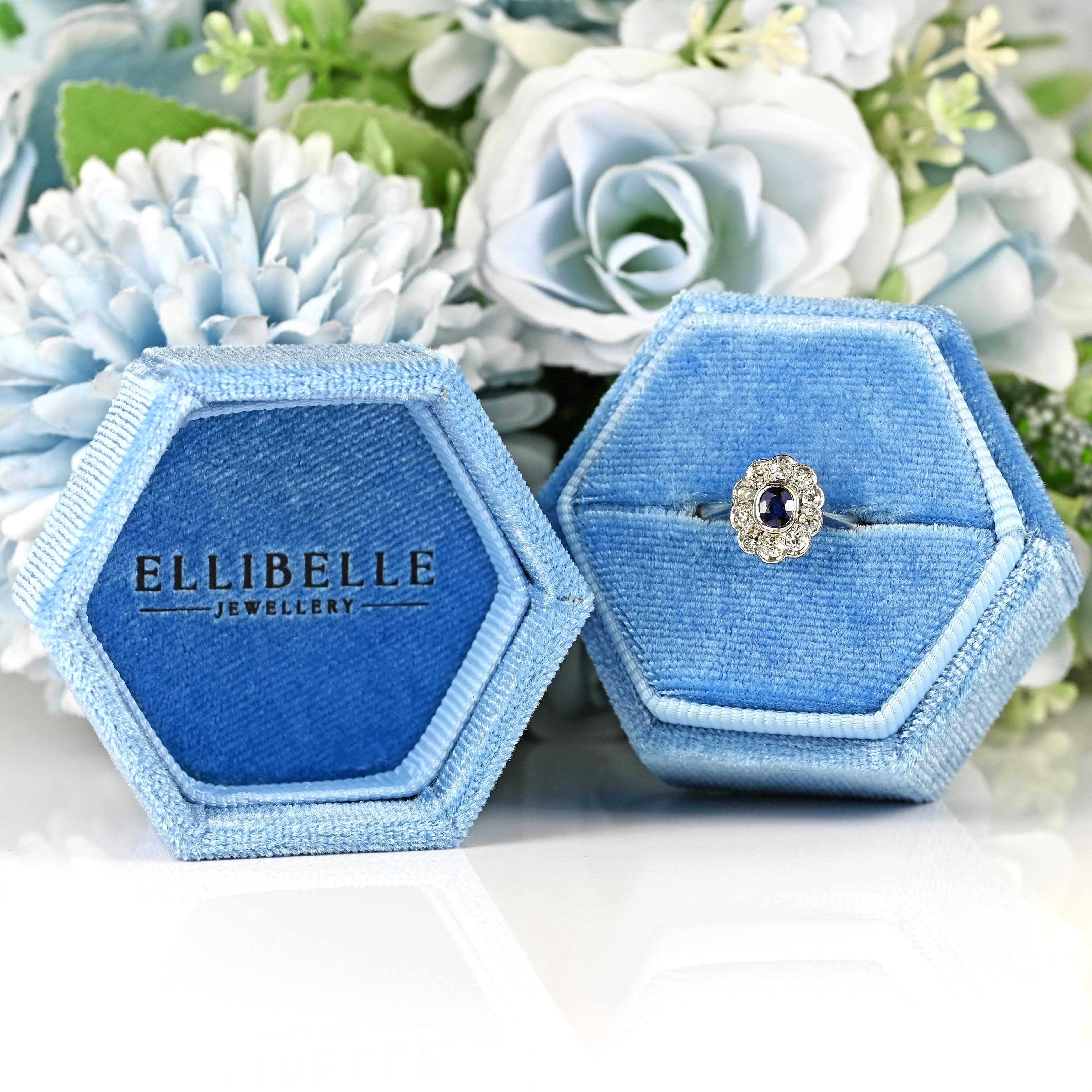 Ellibelle Jewellery Antique Edwardian Sapphire & Diamond Platinum Cluster Engagement Ring