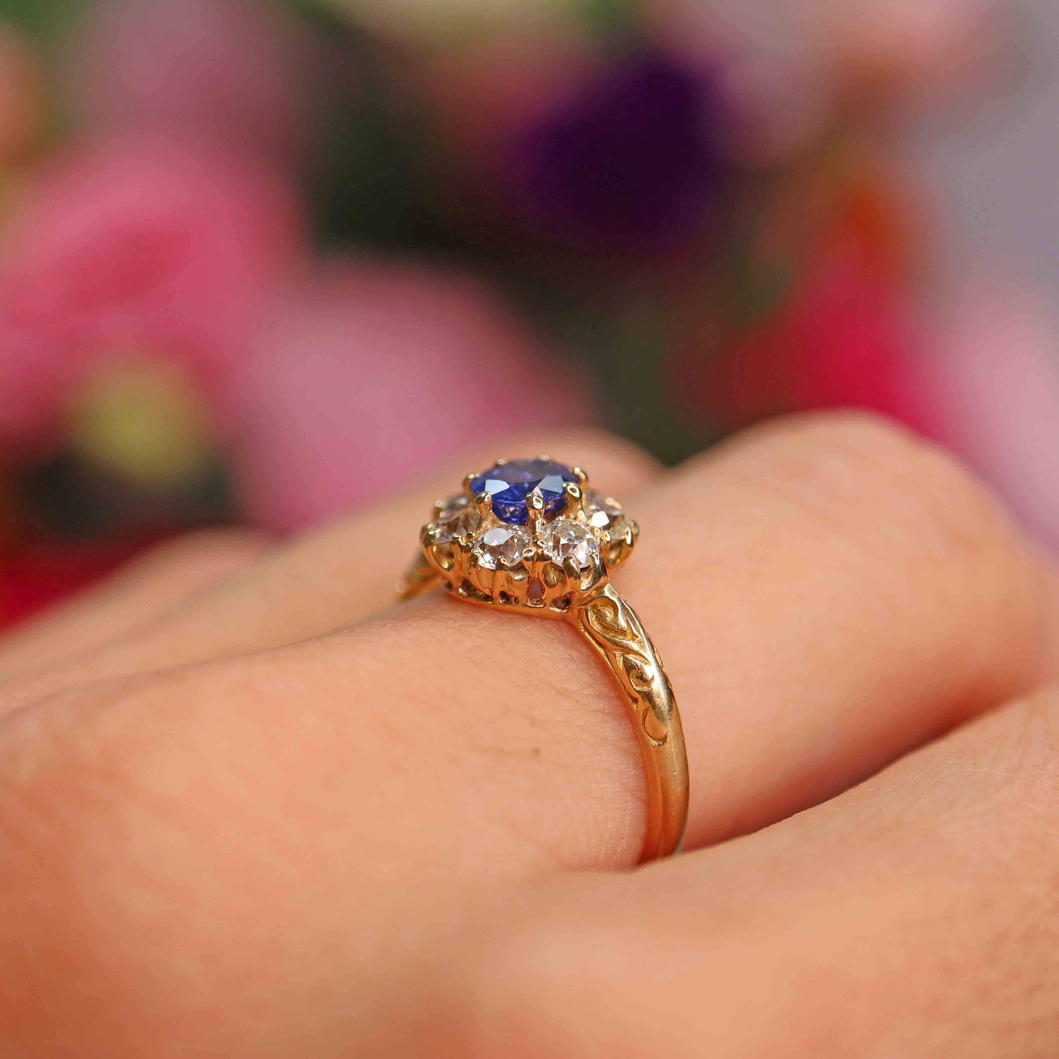 Ellibelle Jewellery Antique Edwardian Sapphire & Old-Cut Diamond 18ct Gold Cluster Ring