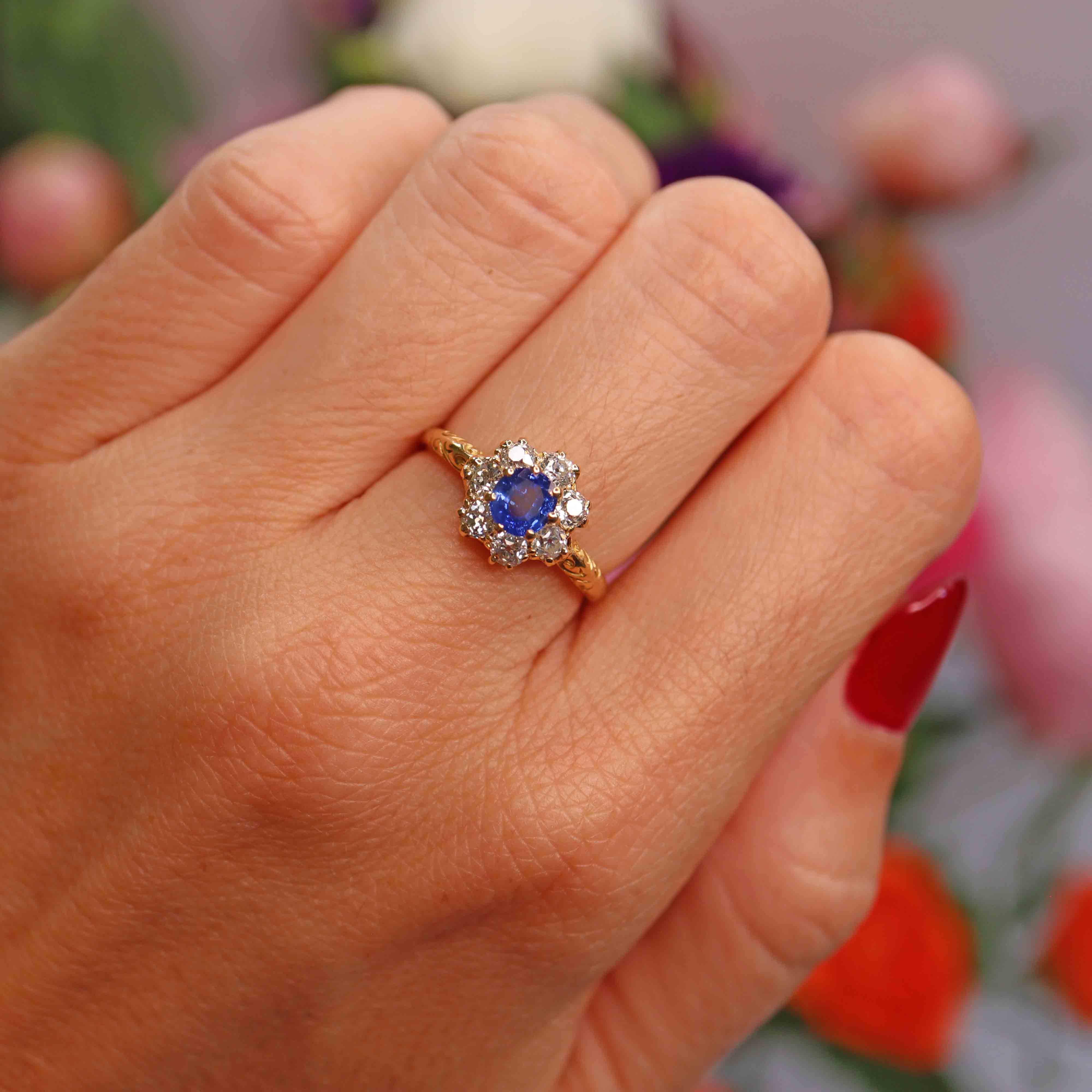 Ellibelle Jewellery Antique Edwardian Sapphire & Old-Cut Diamond 18ct Gold Cluster Ring
