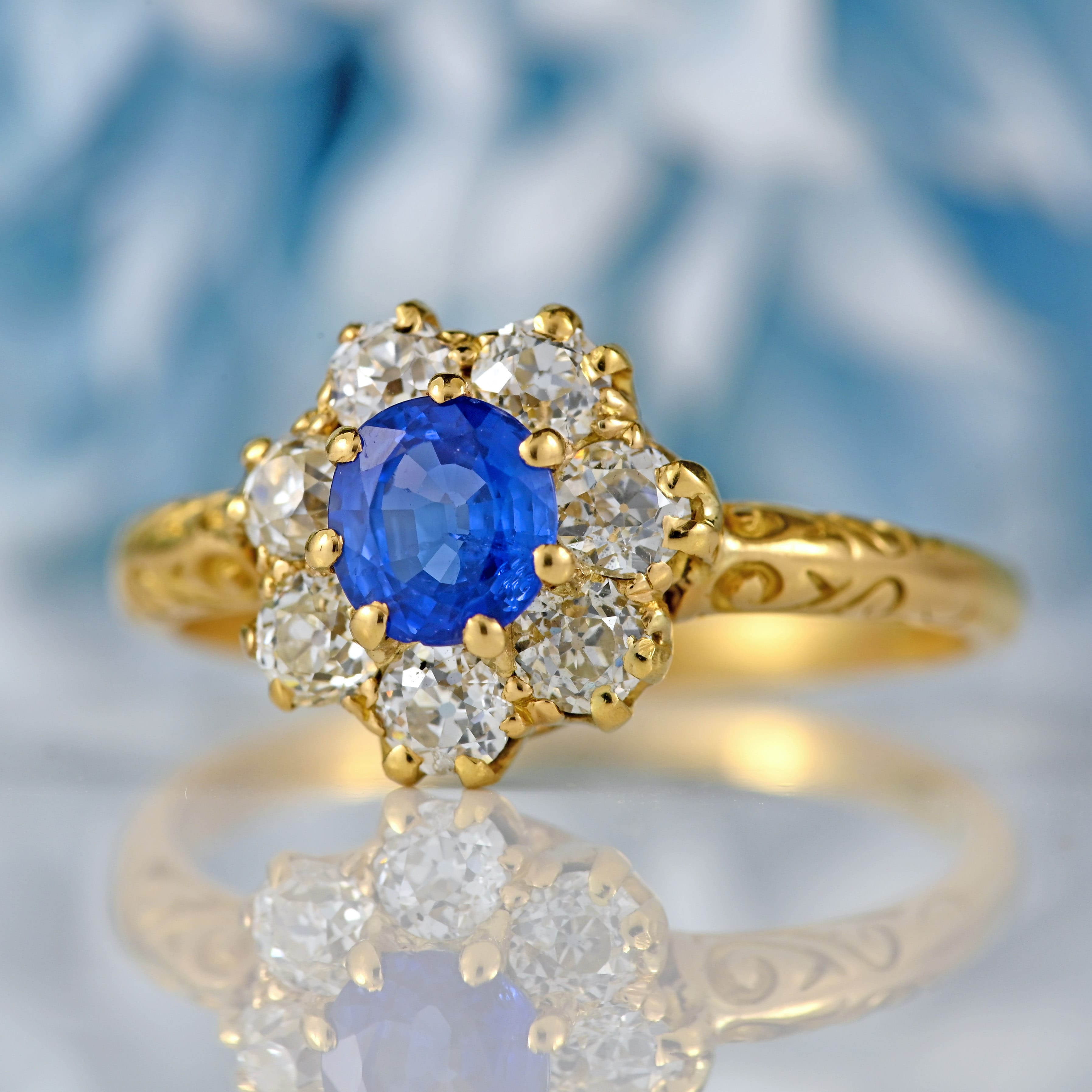 Ellibelle Jewellery Antique Edwardian Sapphire & Old-Cut Diamond 18ct Gold Cluster Ring