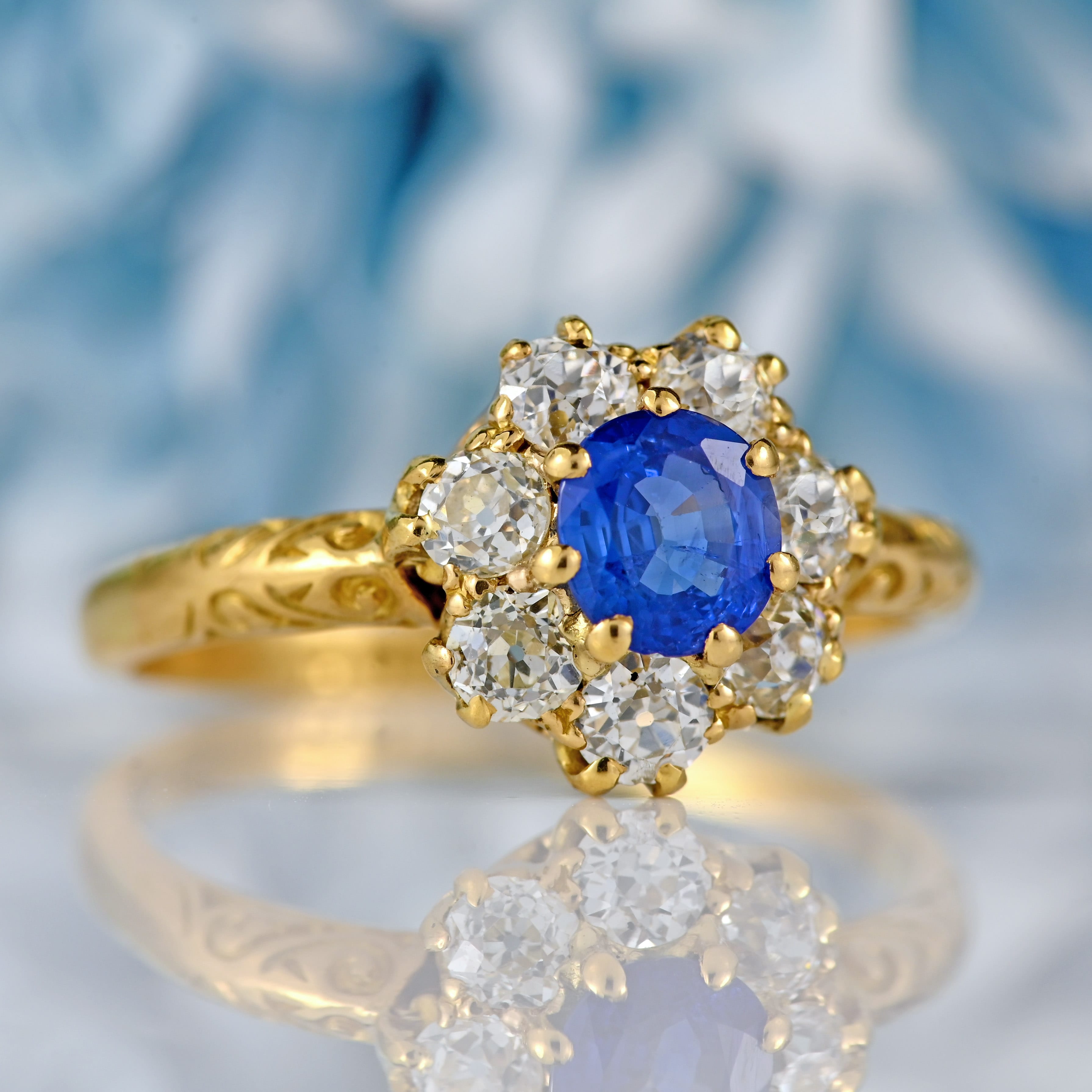 Ellibelle Jewellery Antique Edwardian Sapphire & Old-Cut Diamond 18ct Gold Cluster Ring