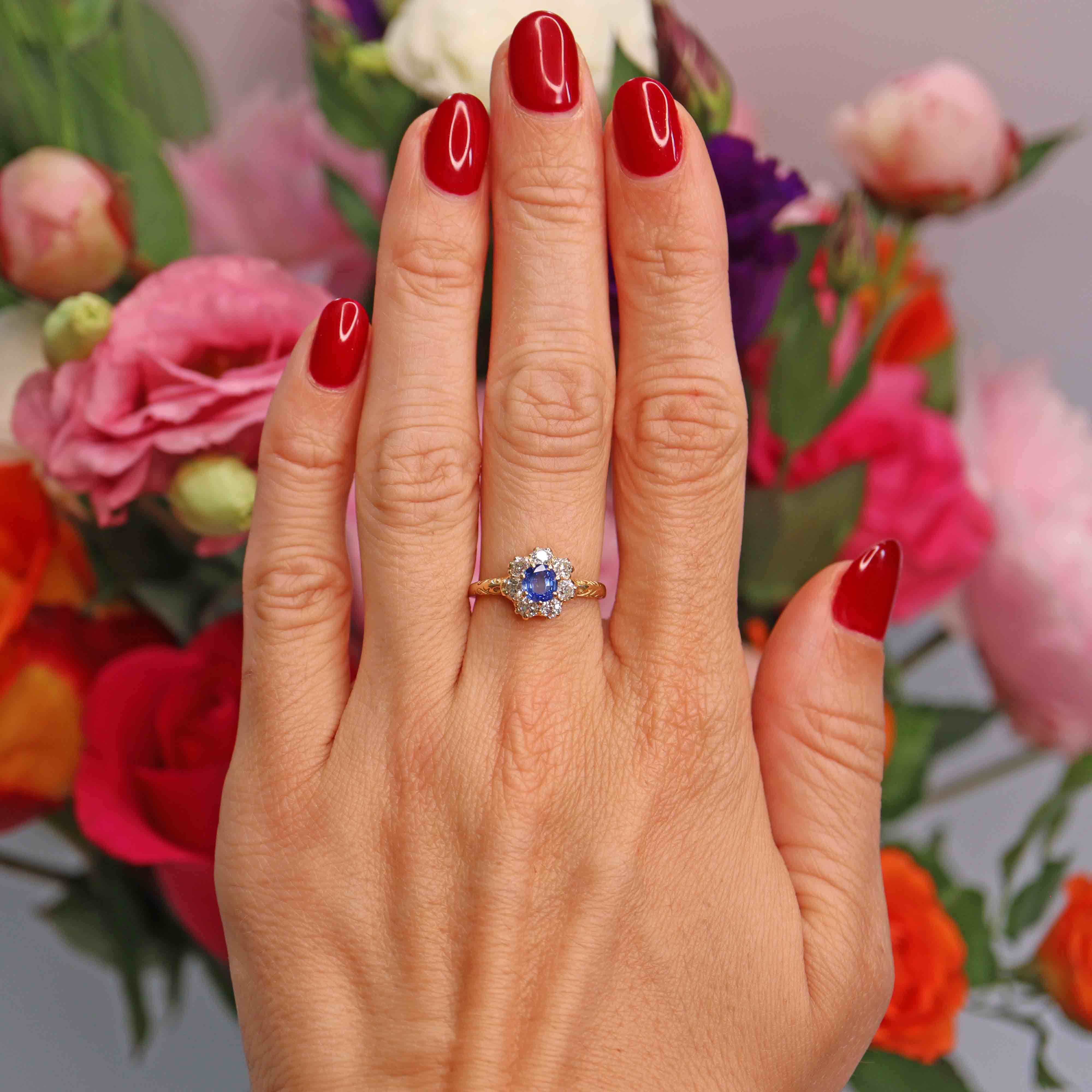 Ellibelle Jewellery Antique Edwardian Sapphire & Old-Cut Diamond 18ct Gold Cluster Ring