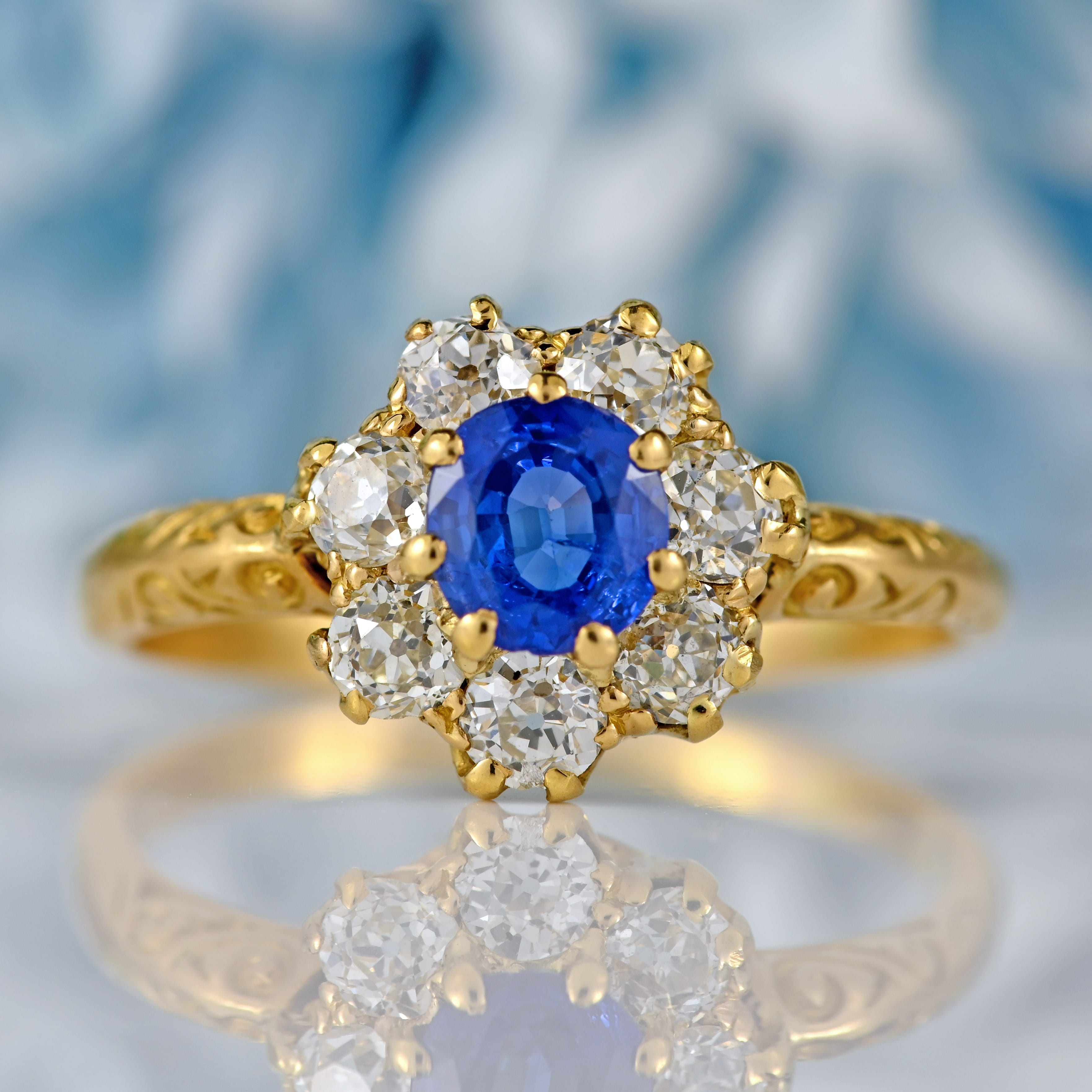 Ellibelle Jewellery Antique Edwardian Sapphire & Old-Cut Diamond 18ct Gold Cluster Ring