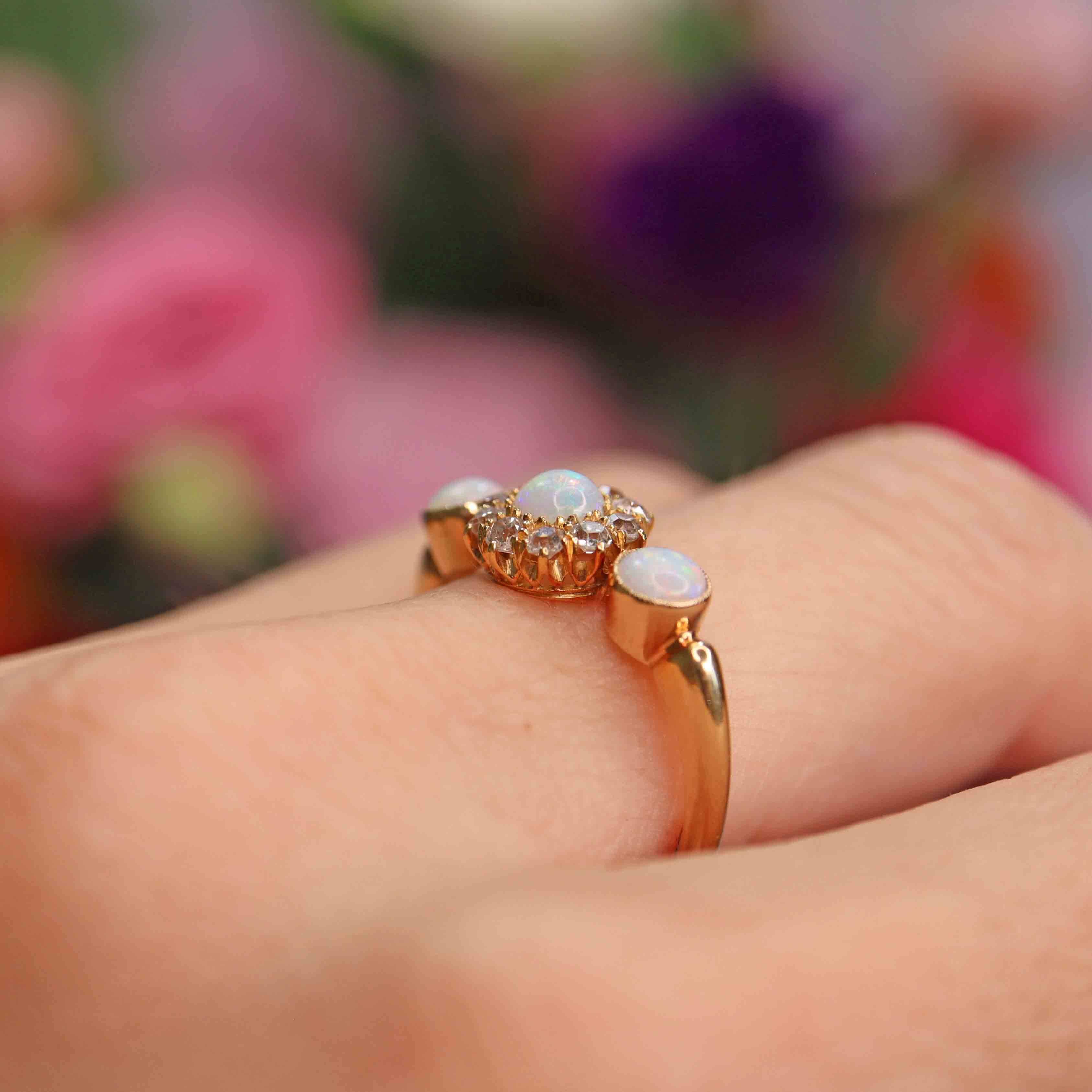 Ellibelle Jewellery Antique Edwardian Three-Stone Opal & Old-Mine Diamond 18ct Gold Ring