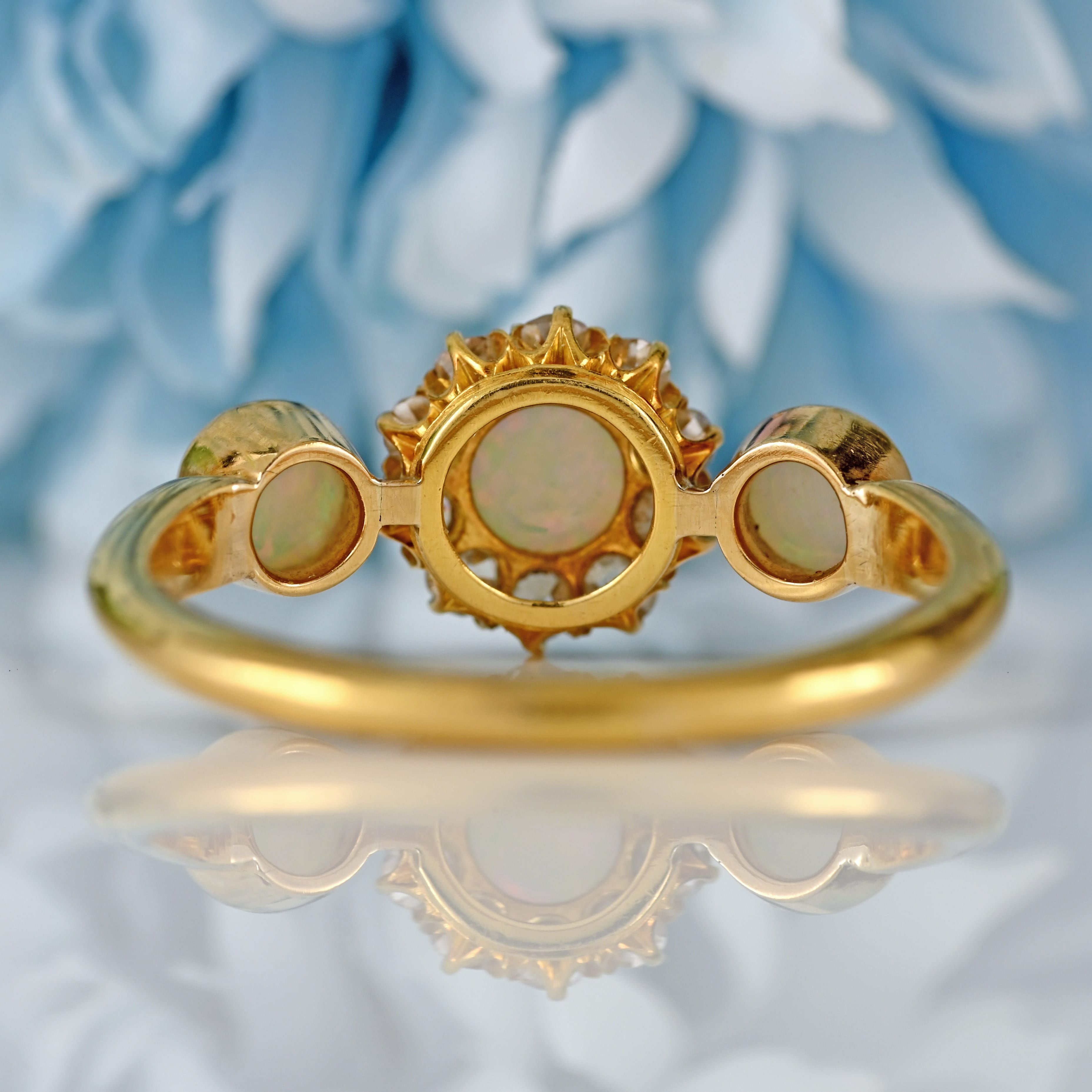 Ellibelle Jewellery Antique Edwardian Three-Stone Opal & Old-Mine Diamond 18ct Gold Ring