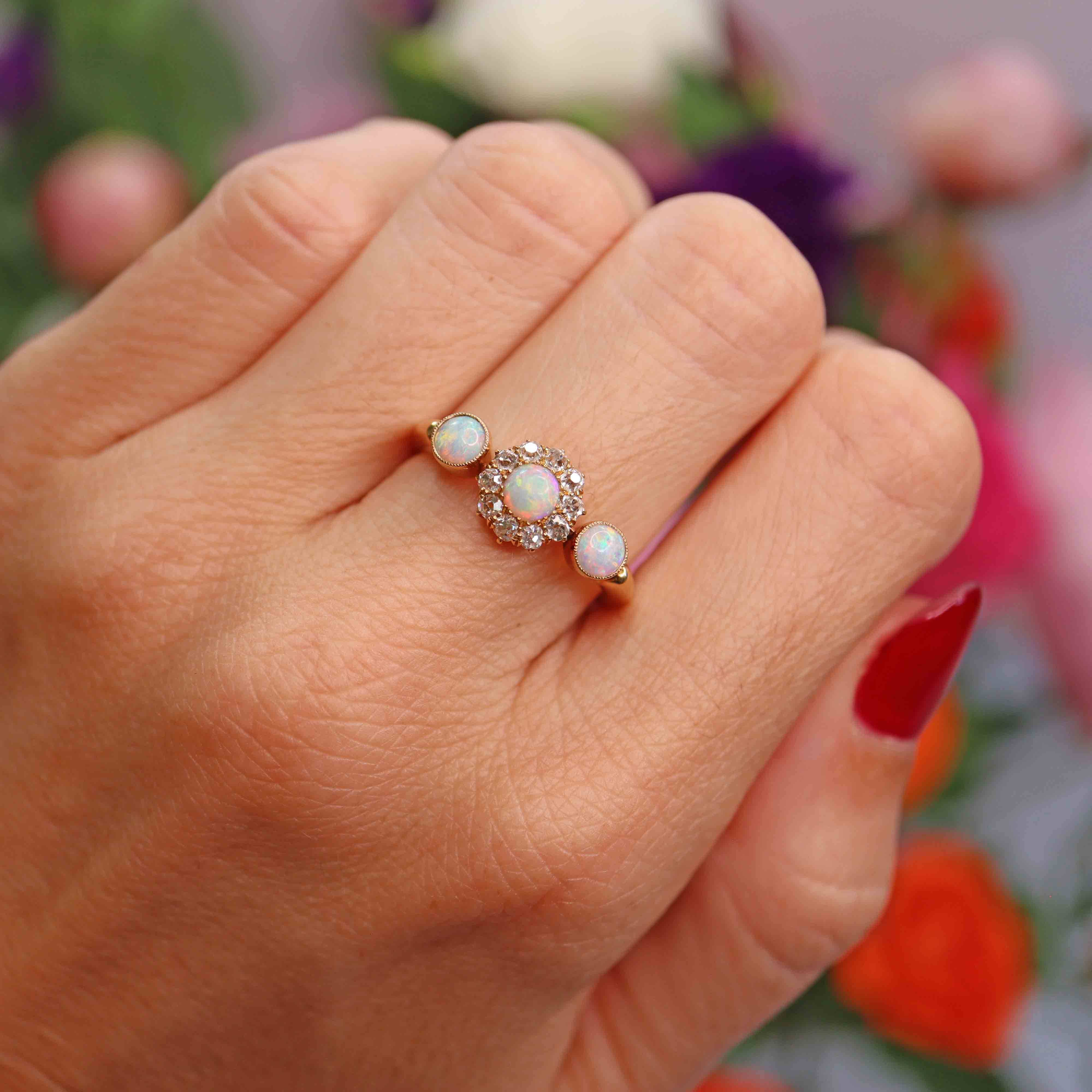 Ellibelle Jewellery Antique Edwardian Three-Stone Opal & Old-Mine Diamond 18ct Gold Ring