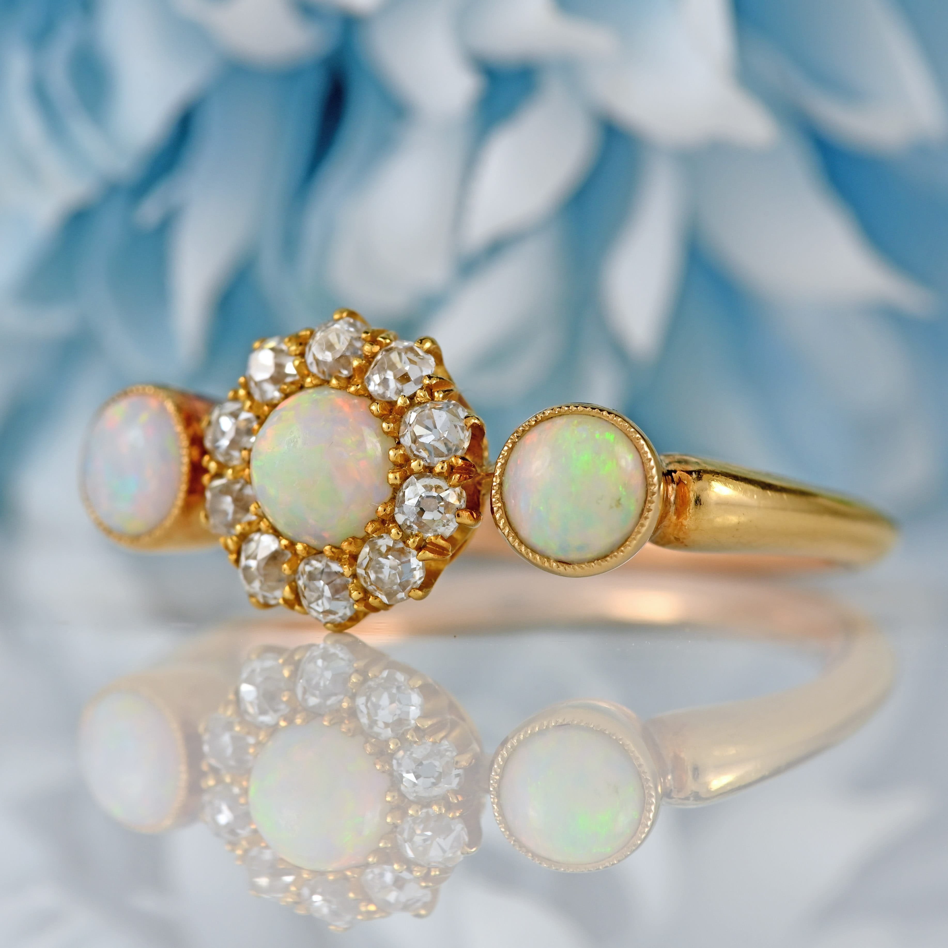 Ellibelle Jewellery Antique Edwardian Three-Stone Opal & Old-Mine Diamond 18ct Gold Ring
