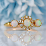 Ellibelle Jewellery Antique Edwardian Three-Stone Opal & Old-Mine Diamond 18ct Gold Ring
