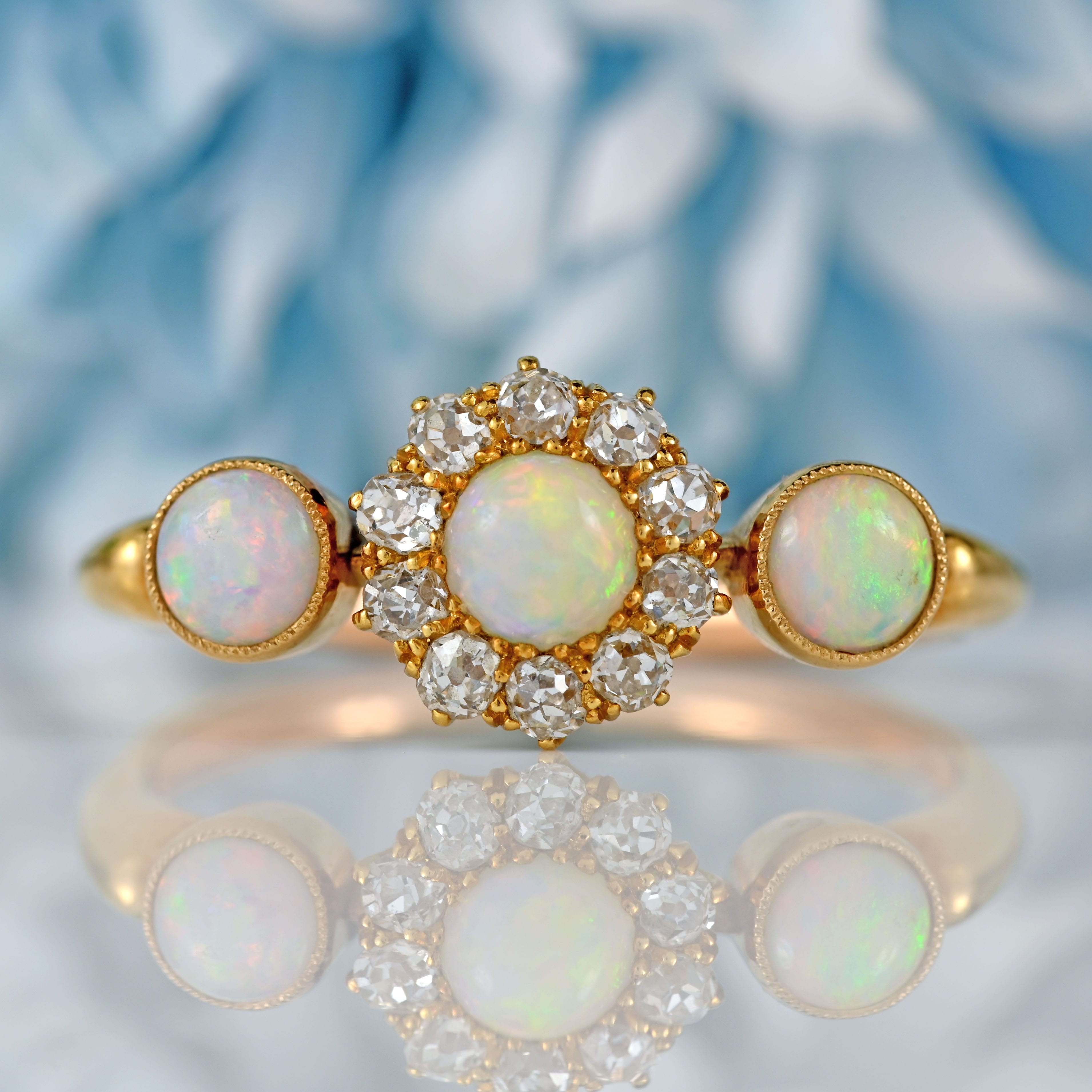 Ellibelle Jewellery Antique Edwardian Three-Stone Opal & Old-Mine Diamond 18ct Gold Ring