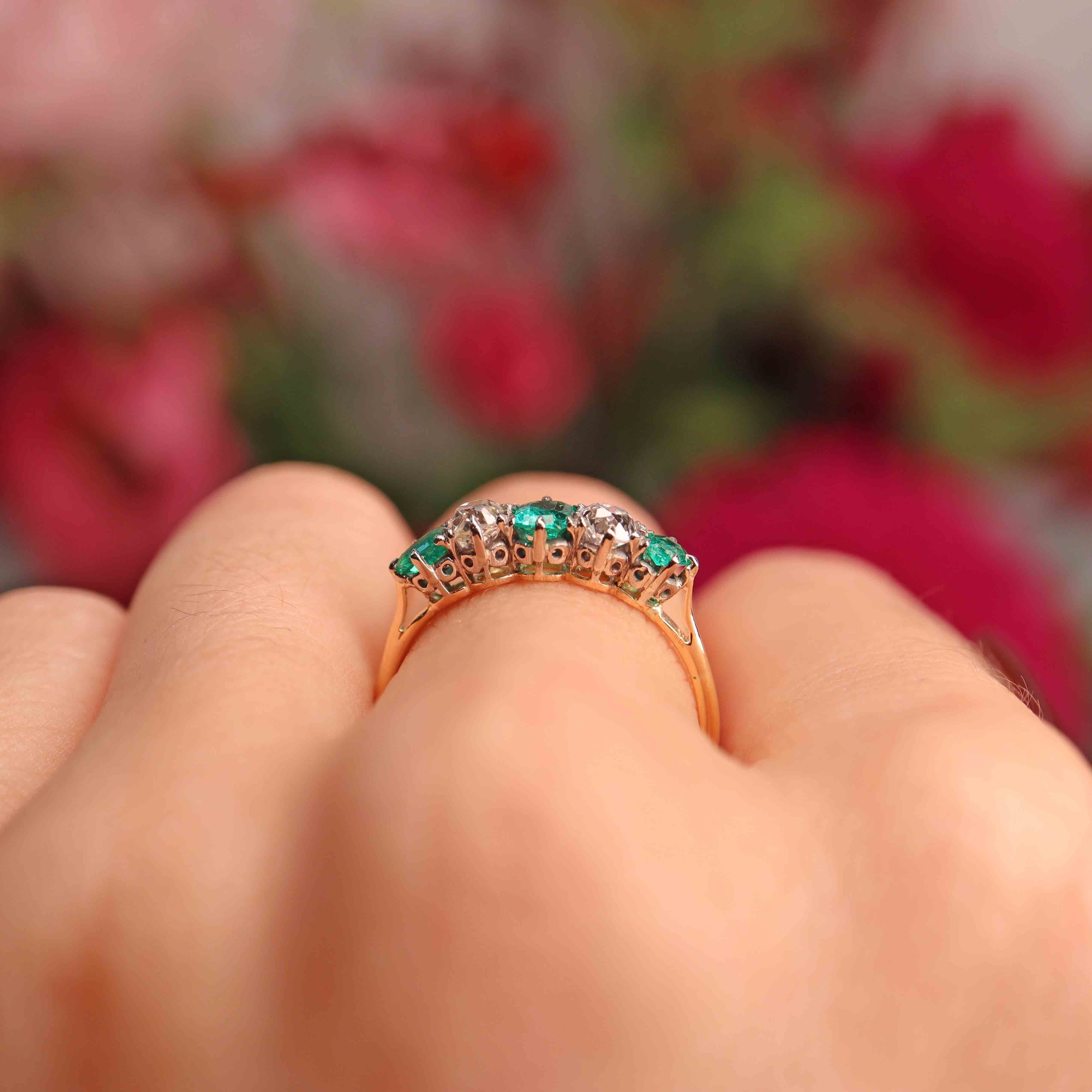 Ellibelle Jewellery Antique Emerald & Diamond Gold Five-Stone Ring