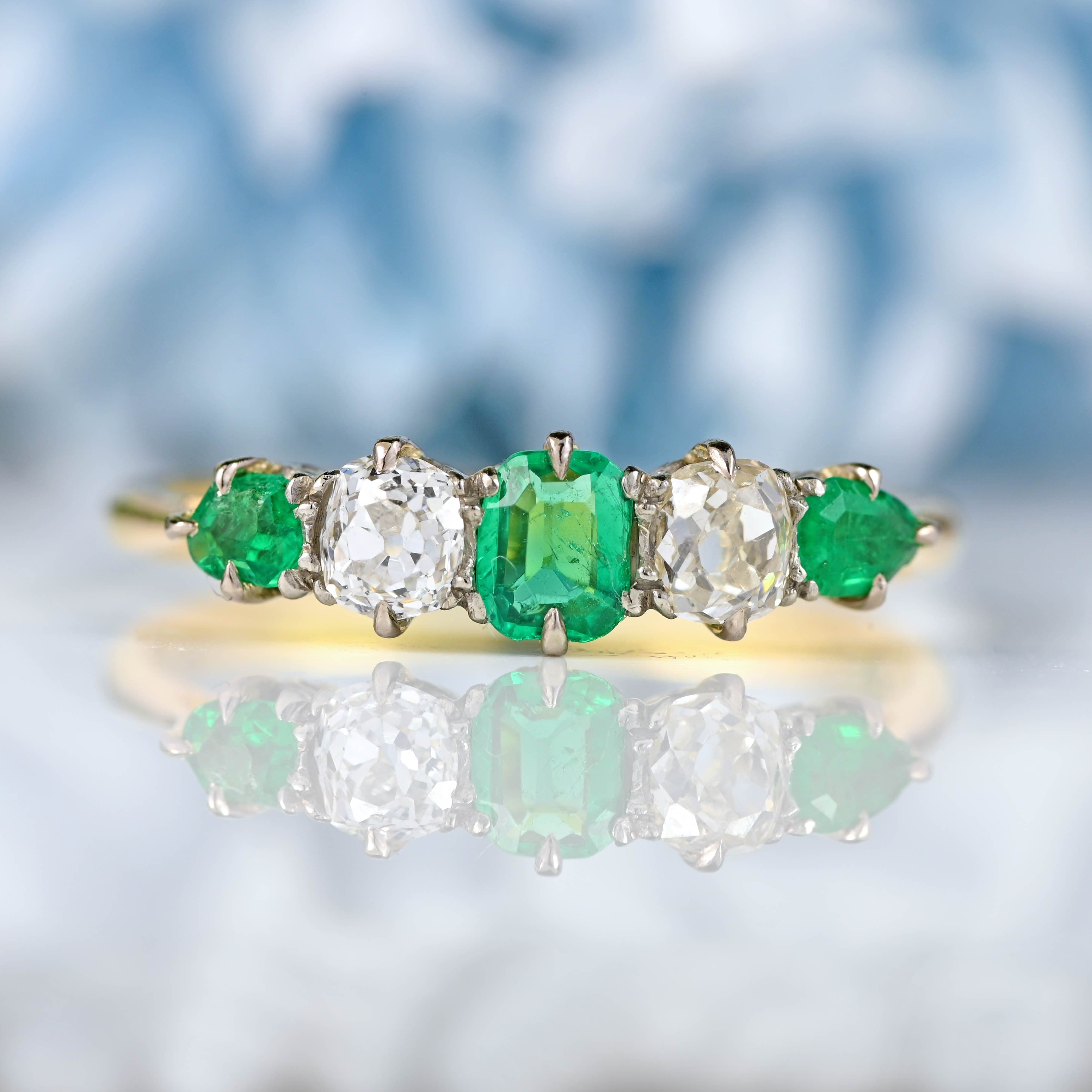 Ellibelle Jewellery Antique Emerald & Diamond Gold Five-Stone Ring