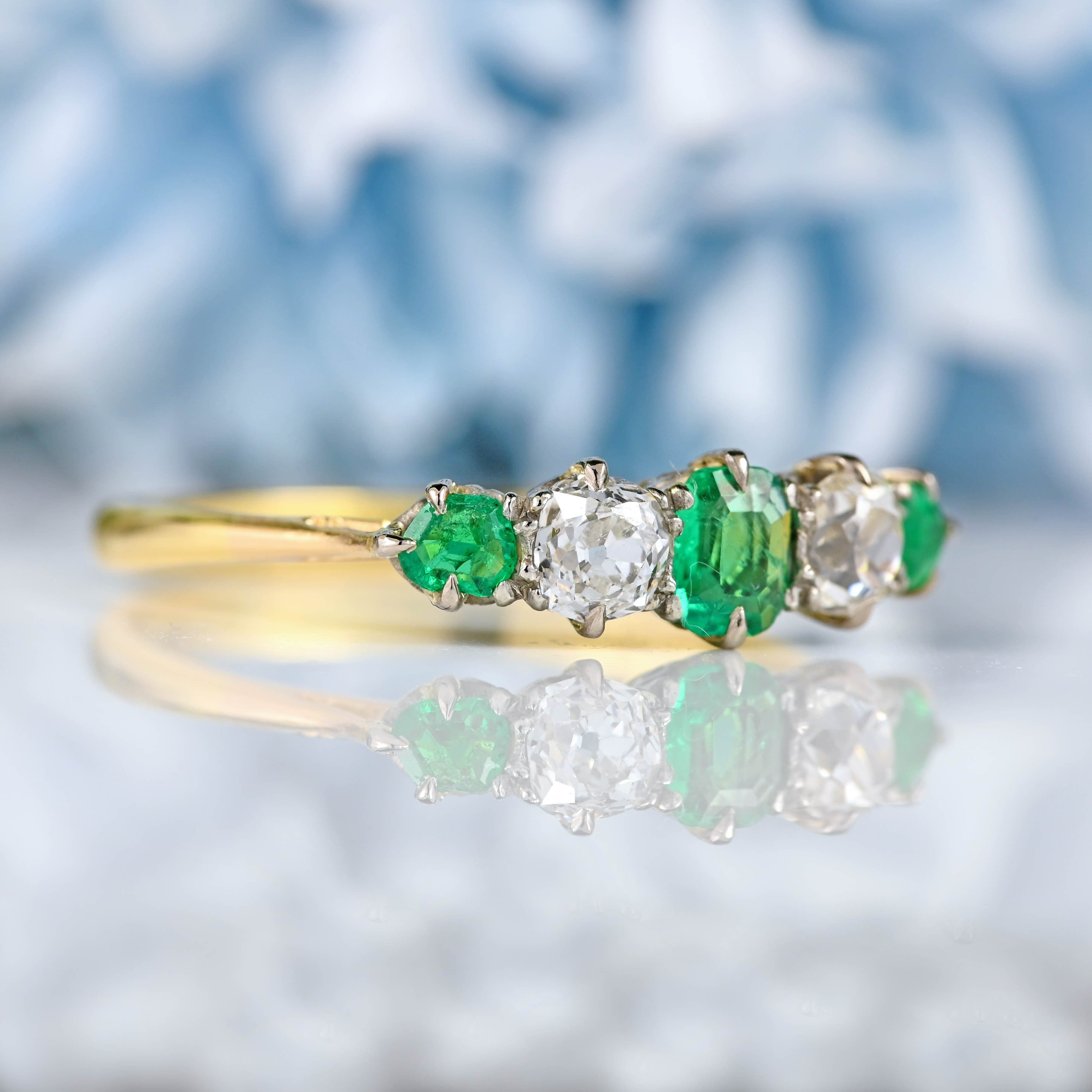 Ellibelle Jewellery Antique Emerald & Diamond Gold Five-Stone Ring