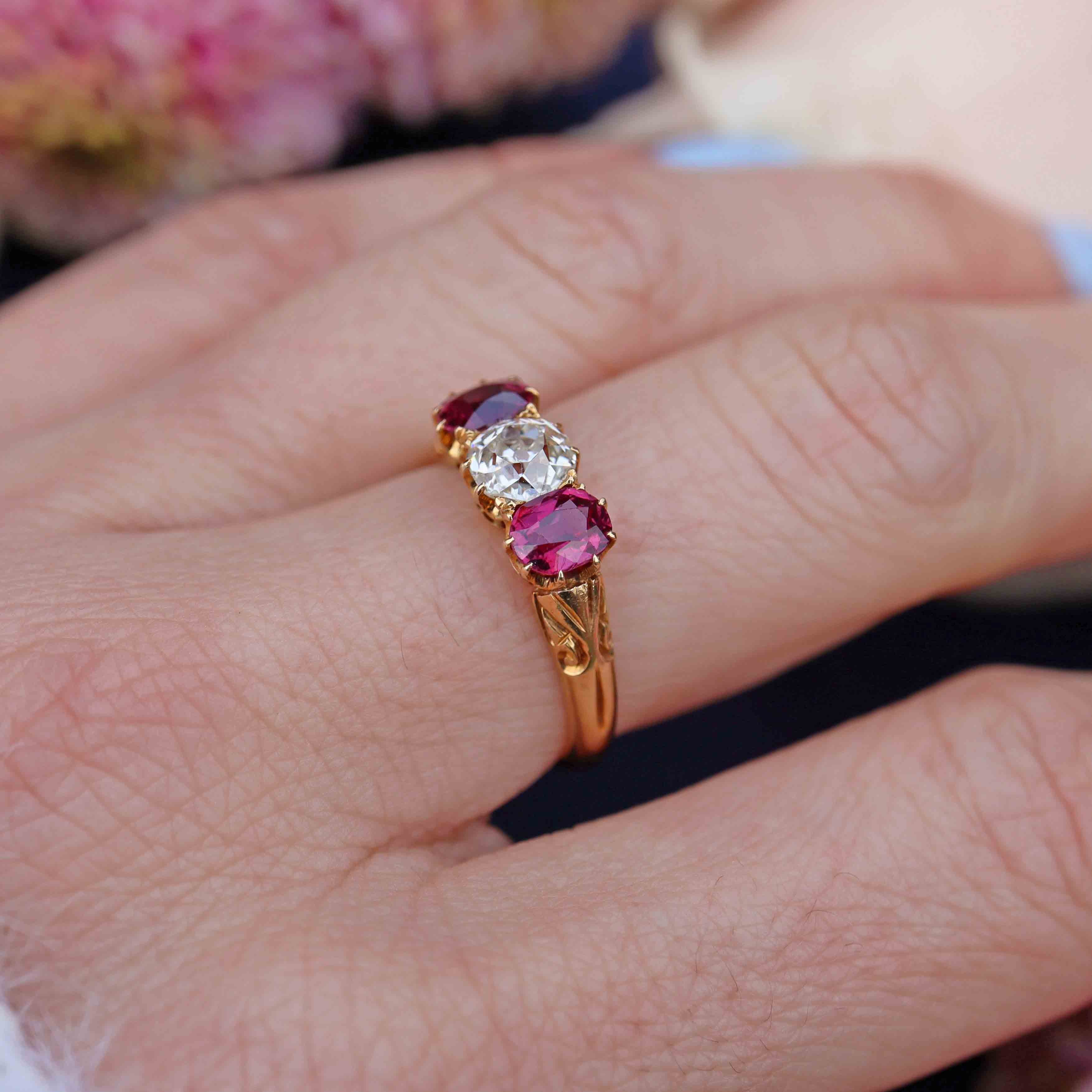 Ellibelle Jewellery Antique Old-Cut Diamond & Ruby 18ct Gold Three-Stone Ring